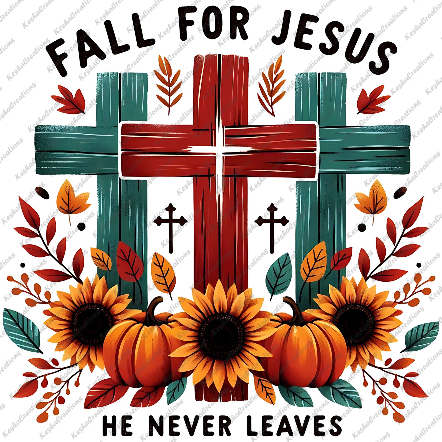 Three crosses in teal and red with fall leaves, sunflowers, and pumpkins surrounding them. The phrase "Fall For Jesus, He Never Leaves" is displayed above and below the design.