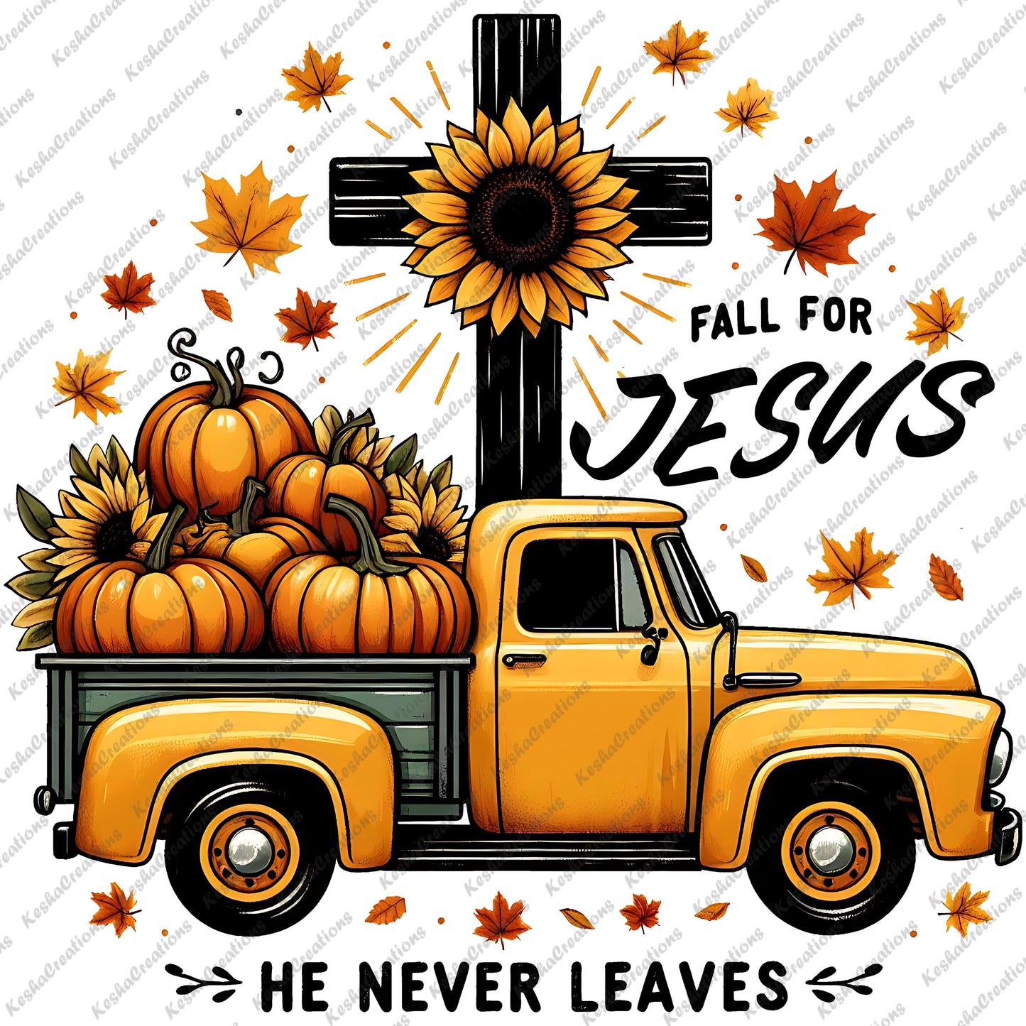 An orange vintage truck filled with pumpkins and sunflowers, set against a cross with sun rays, accompanied by fall leaves. The phrase "Fall For Jesus, He Never Leaves" is shown in the design.