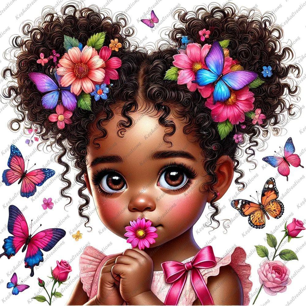 Cute illustration of a young girl with dark curly hair styled in Afro puffs, adorned with colorful flowers and butterflies. The girl has large eyes and is holding a pink flower to her lips.