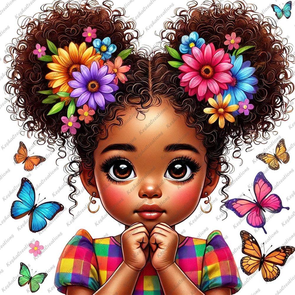 Adorable young girl with dark curly hair styled in Afro puffs, decorated with vibrant flowers and surrounded by butterflies, wearing a colorful dress.