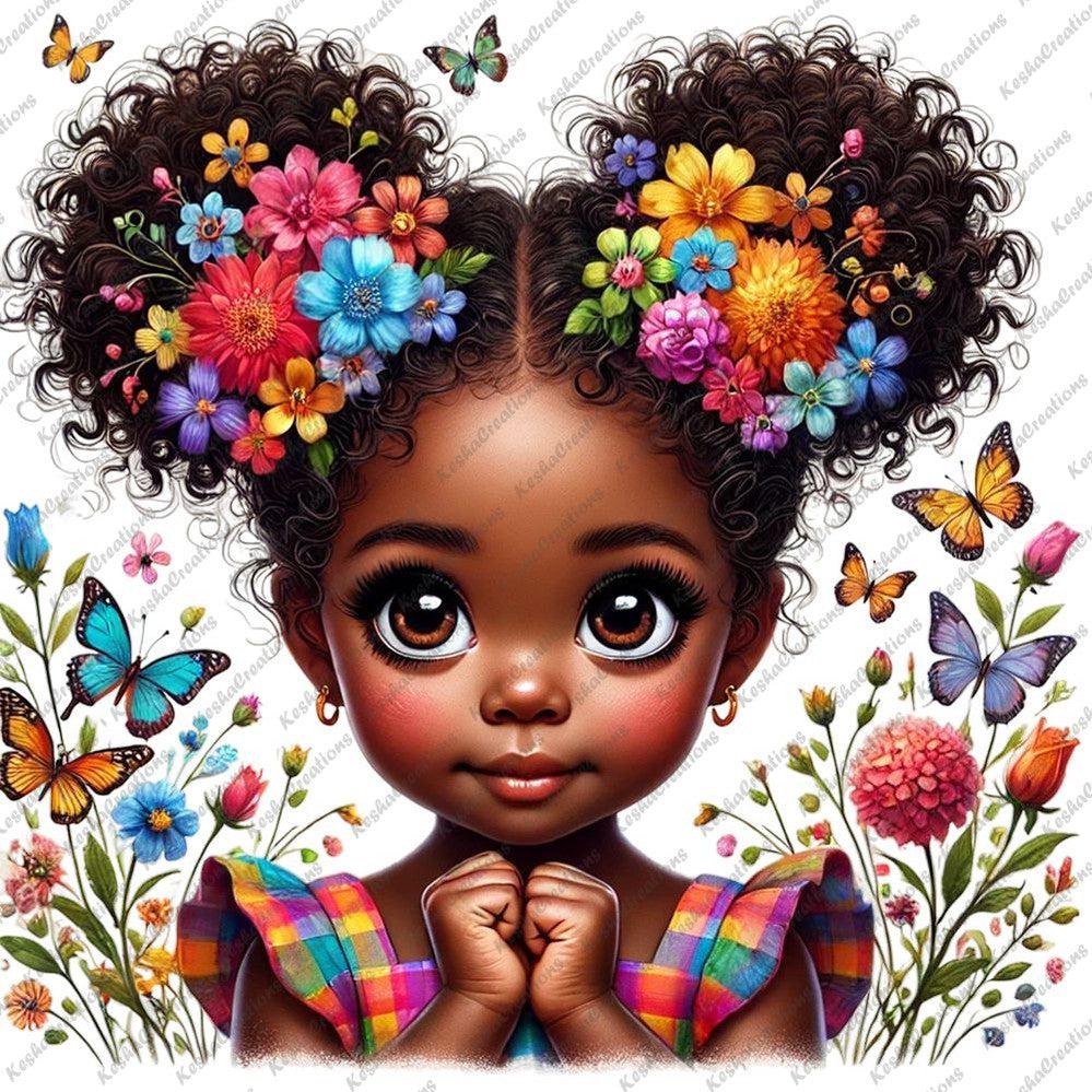 Illustration of a young girl with Afro puffs full of colorful flowers, wearing a plaid dress, and surrounded by butterflies.