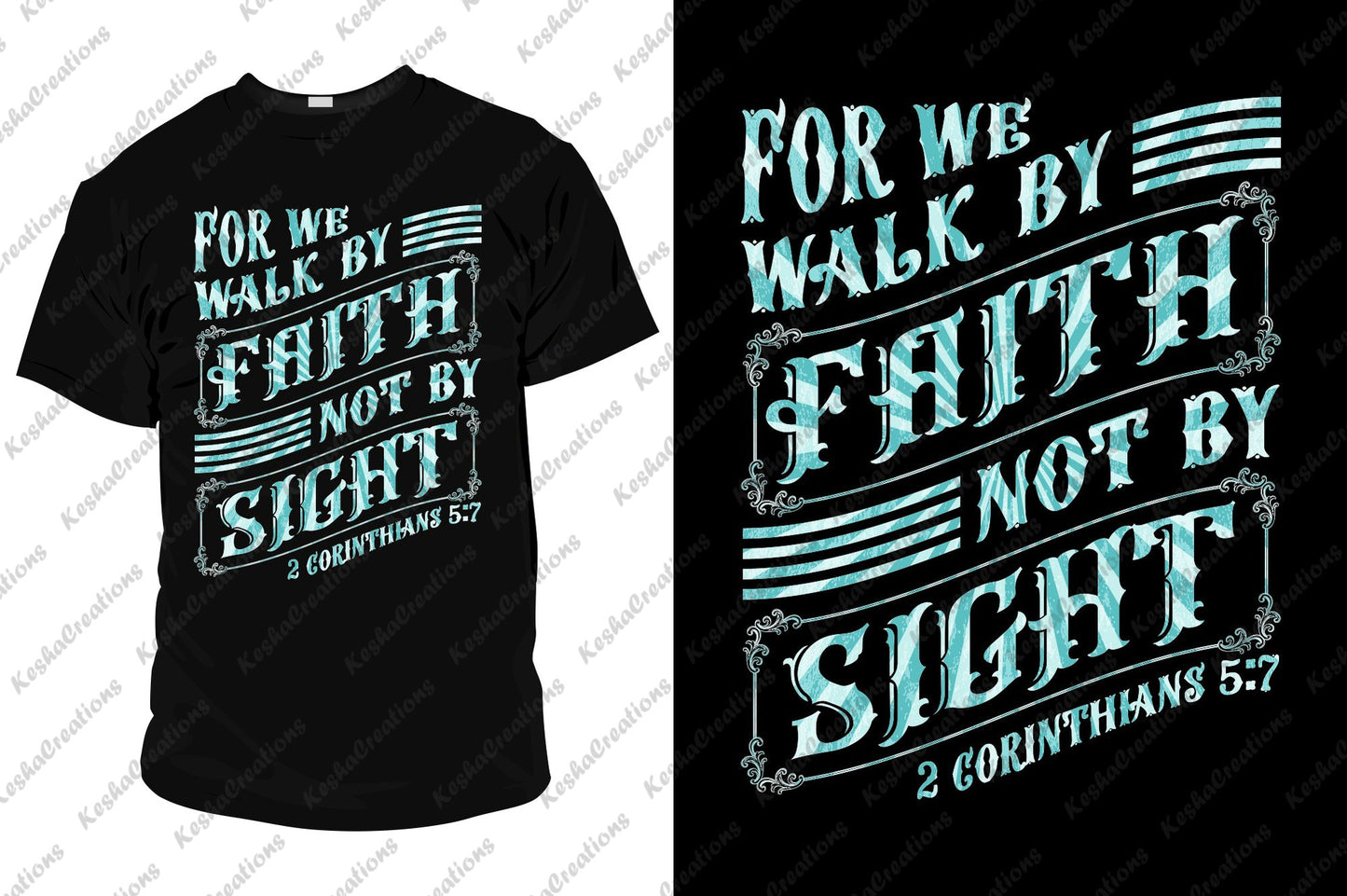 Bold carnival-style letters in vibrant pinwheel colors of teal and white spelling "For We Walk by Faith, Not by Sight."