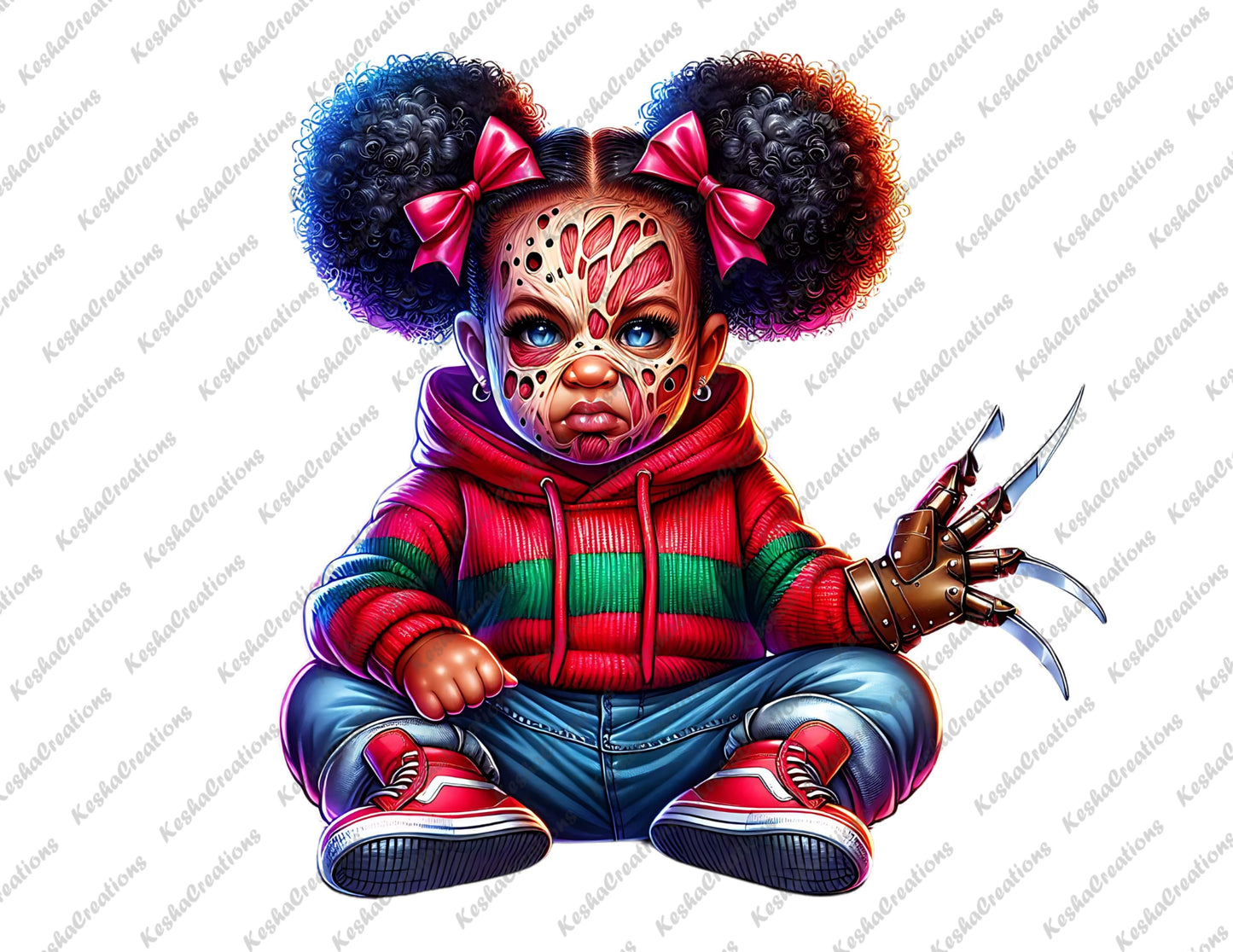 Baby girl dressed as Freddy Krueger, with large curly puffs, pink bows, burnt face design, wearing a striped sweater, and glove with claws.
