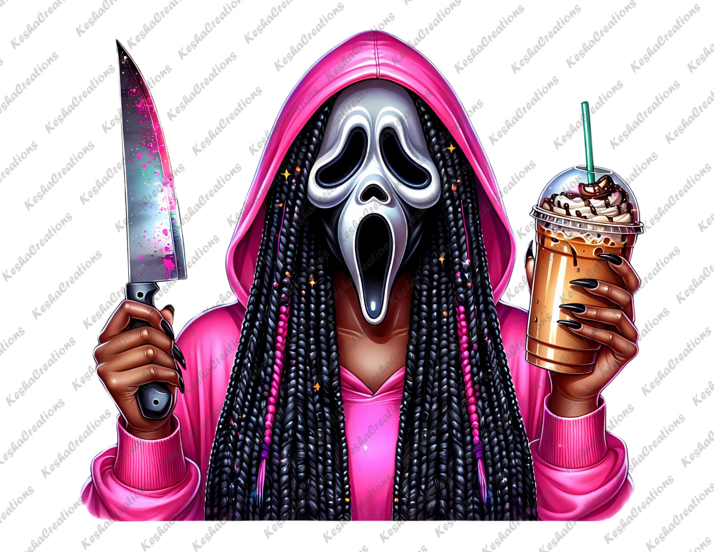 African American female character with braided hair, wearing a Ghostface mask, holding a multicolored knife and iced coffee.