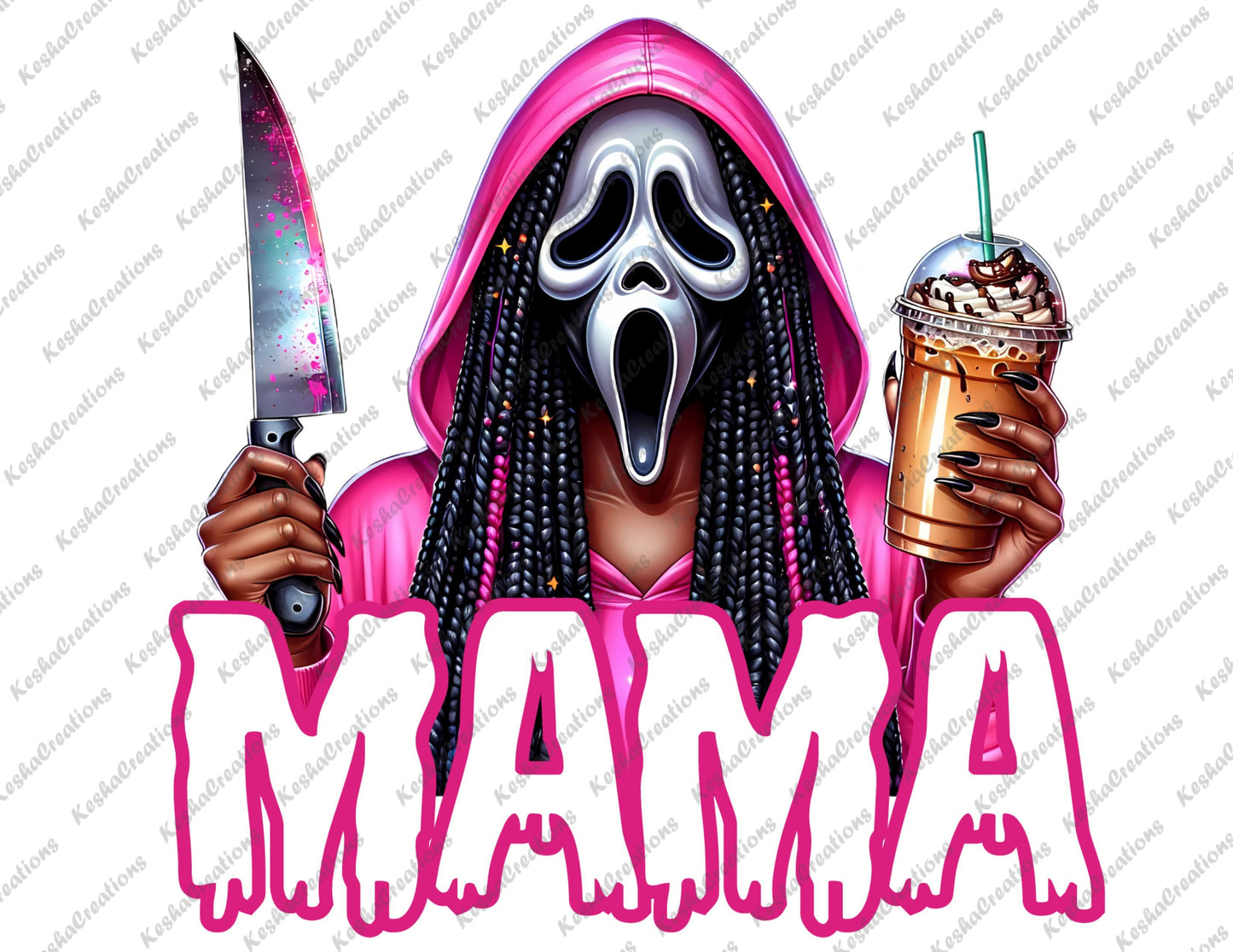 African American female character with braided hair, wearing a Ghostface mask, holding a multicolored knife and iced coffee, with 'MAMA' text in dripping pink letters.