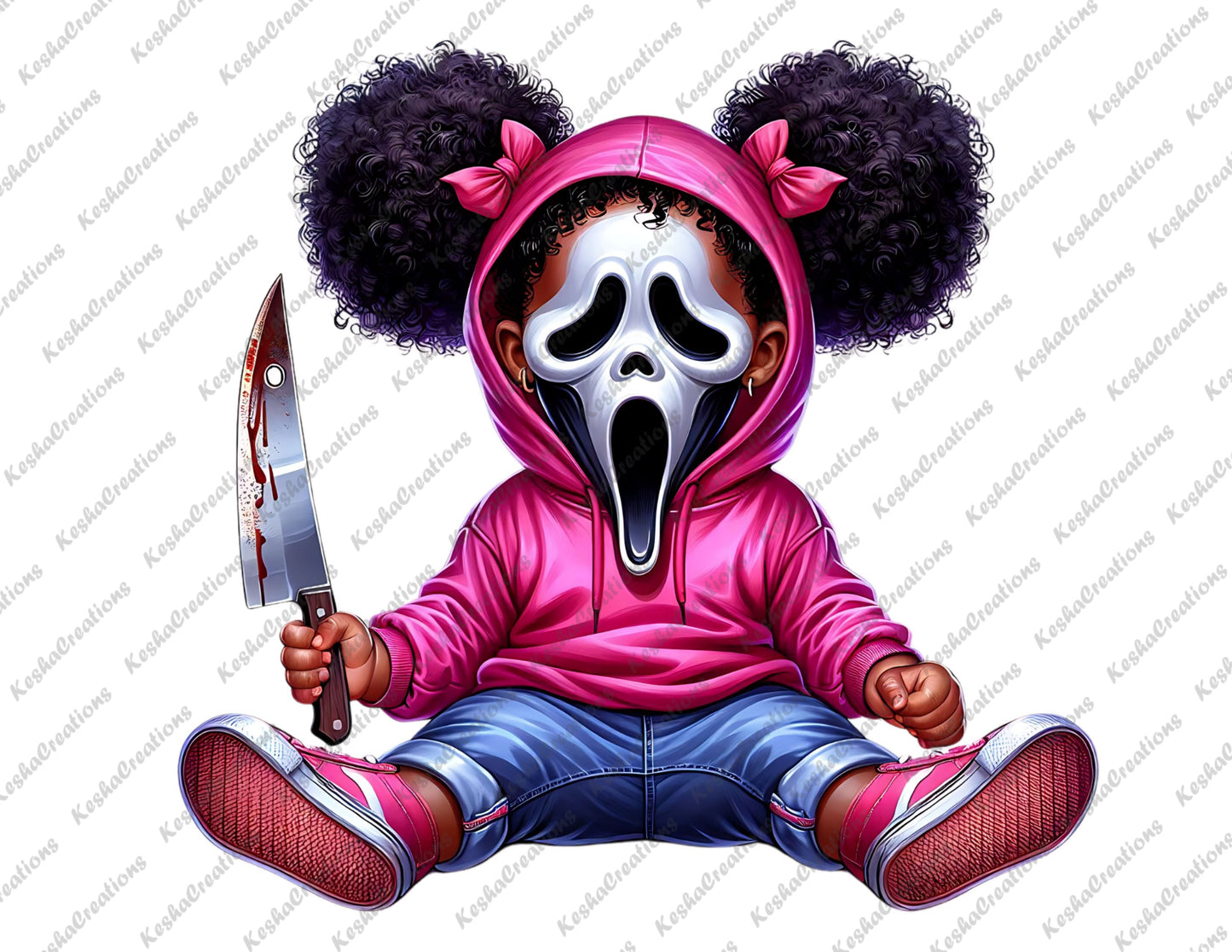 Baby girl character with large curly puffs and pink bows, wearing a Ghostface mask, dressed in a pink hoodie, holding a blood-stained knife.