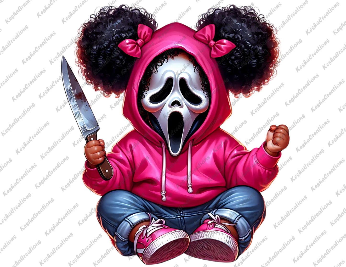 Baby girl character with large curly puffs and pink bows, wearing a Ghostface mask, dressed in a pink hoodie, holding a large bloody knife.