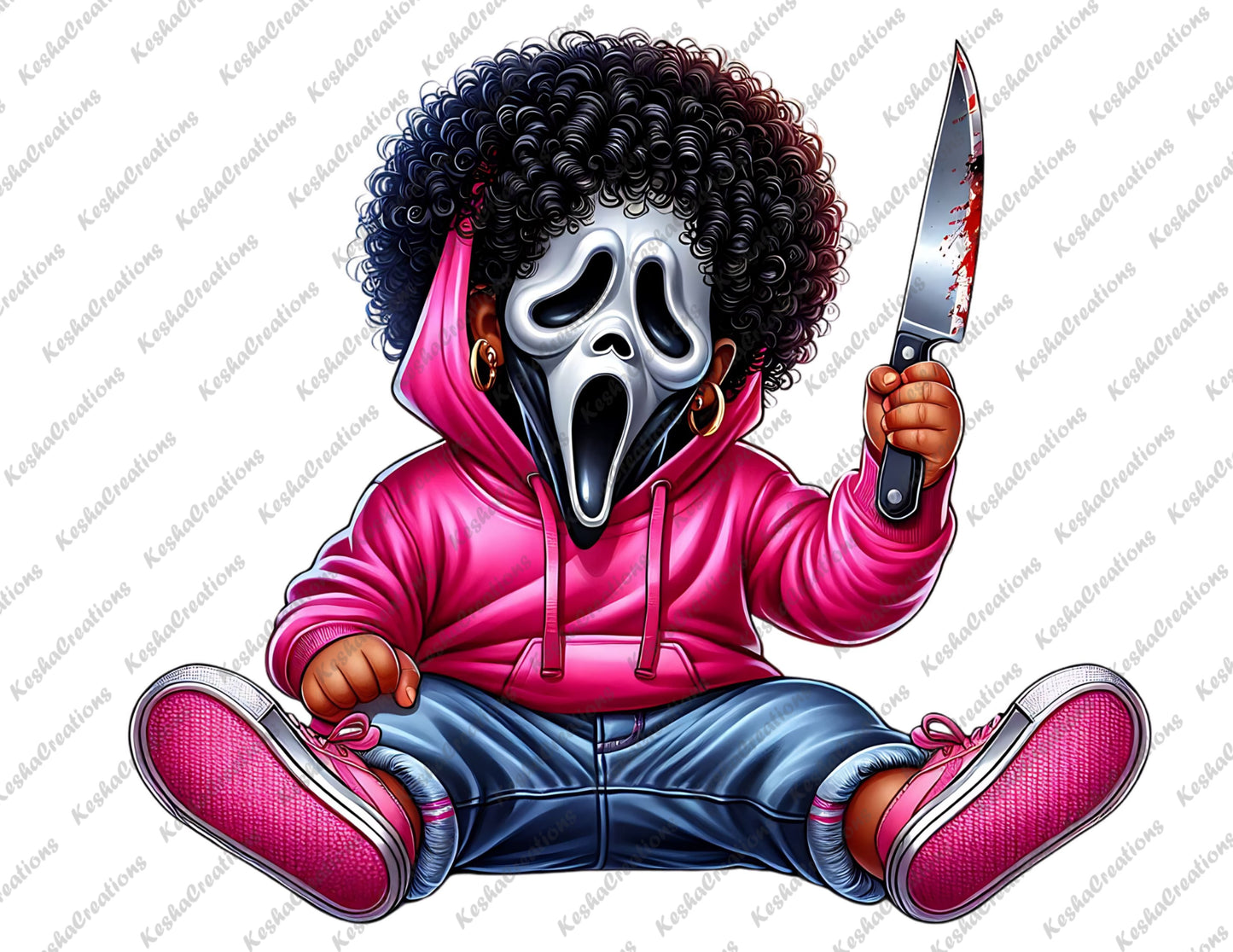 Baby boy character with afro hair, wearing a Ghostface mask, dressed in a pink hoodie, holding a bloody knife.
