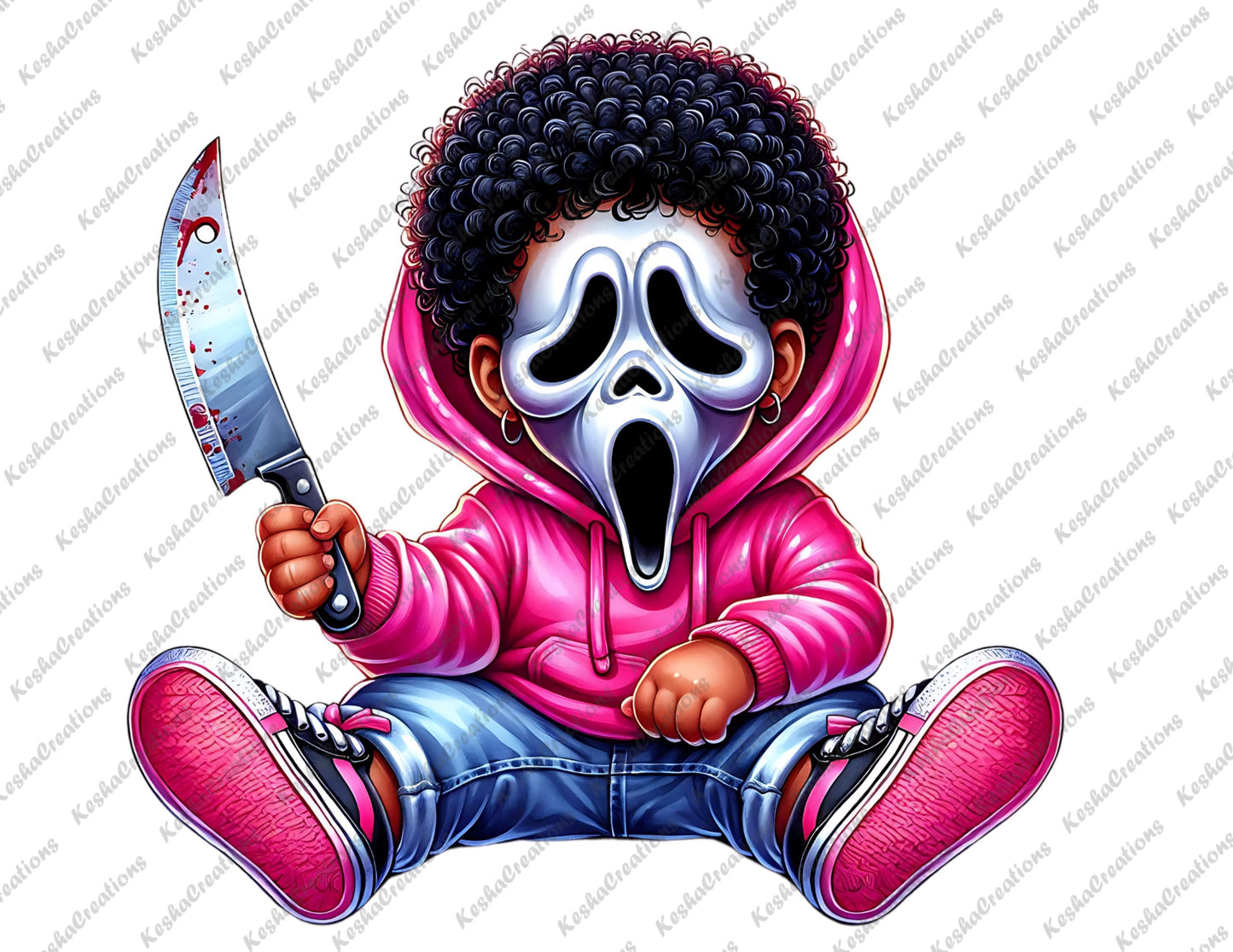 Baby boy character with afro hair, wearing a Ghostface mask, dressed in a pink hoodie, holding a blood-stained knife.