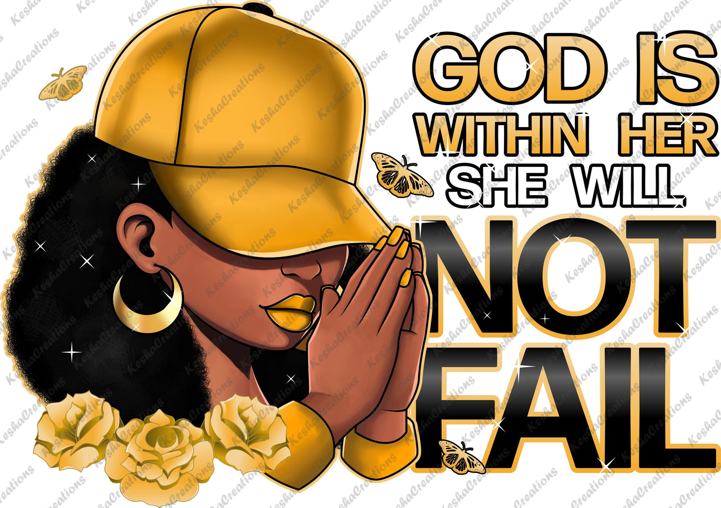 Elegant DTF transfer design showcasing the phrase 'God Is Within Her She Will Not Fail' in rich gold lettering, surrounded by soft floral accents, embodying strength and inspiration/