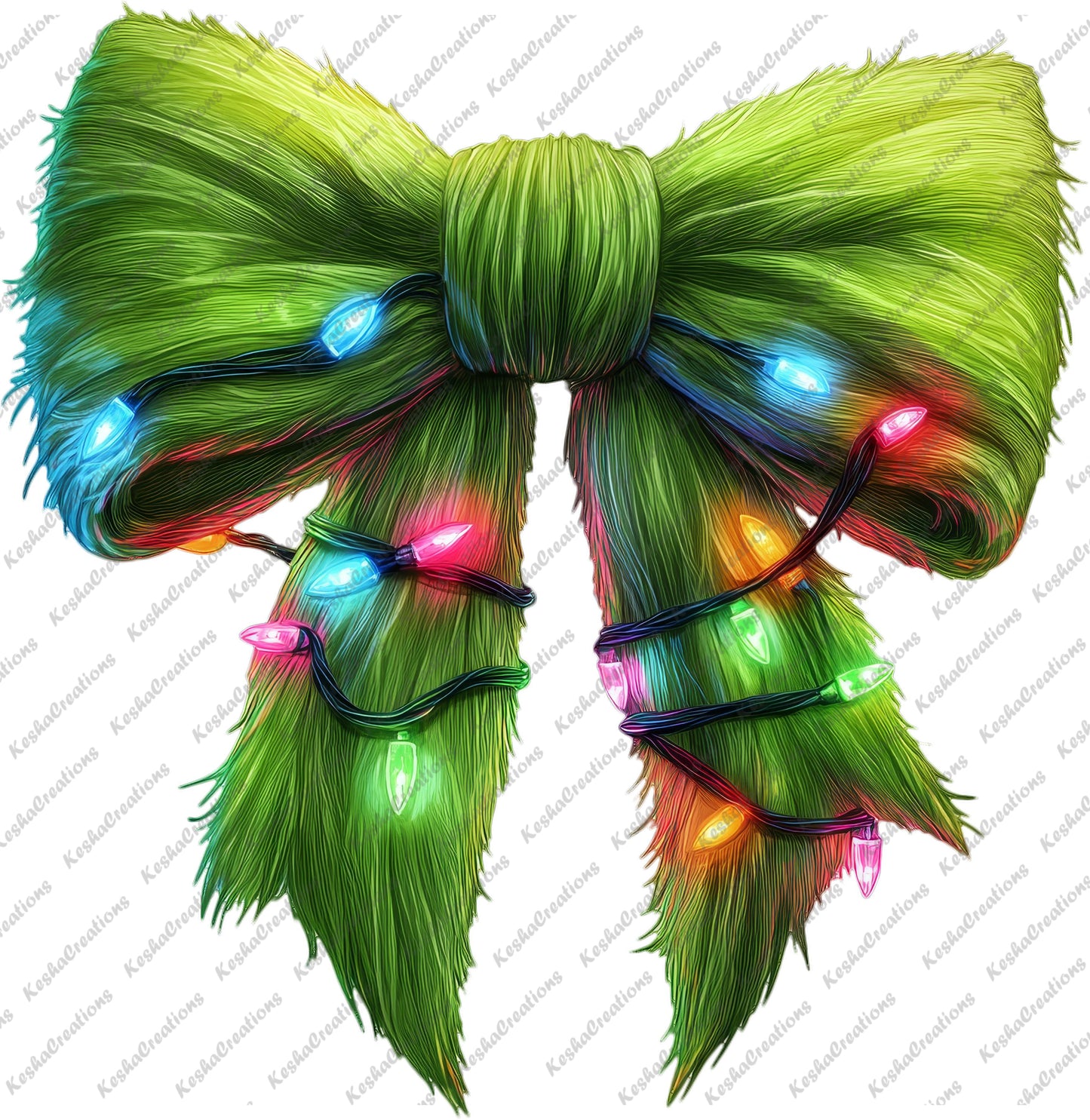A vibrant green bow wrapped in colorful holiday lights, giving a warm, festive glow perfect for holiday celebrations.