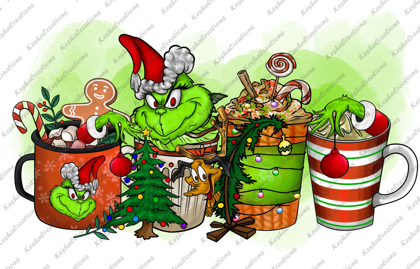 A collection of holiday mugs featuring the Grinch in various festive poses with hot chocolate, candy canes, and holiday decorations.