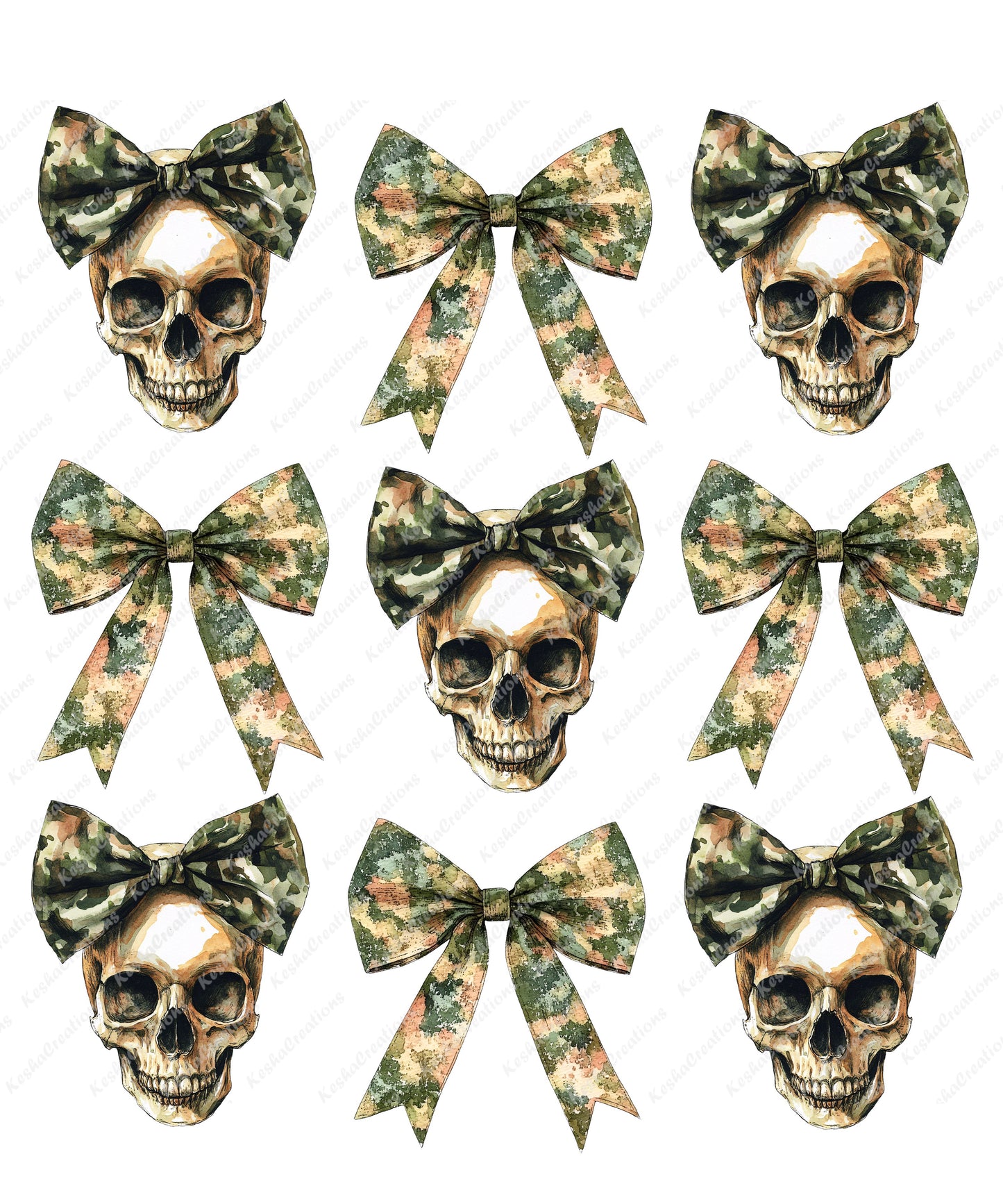 Skulls adorned with camo-patterned bows, alternating with camo bows, all set against a dark background, presenting a spooky yet stylish look.