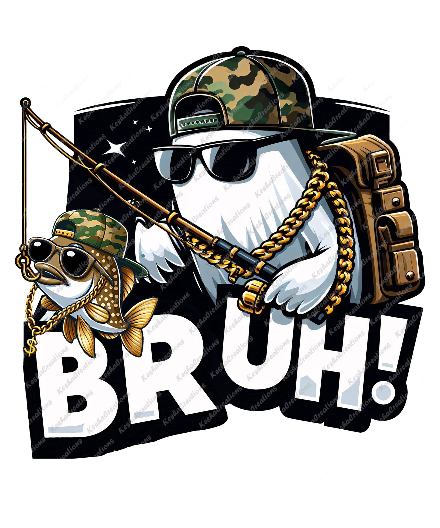Illustration of a ghost wearing a camo baseball cap, sunglasses, and gold chains, holding a fishing rod with a camo-clad fish, accompanied by bold text reading "BRUH!" The design features a humorous and playful vibe, set against a transparent background.