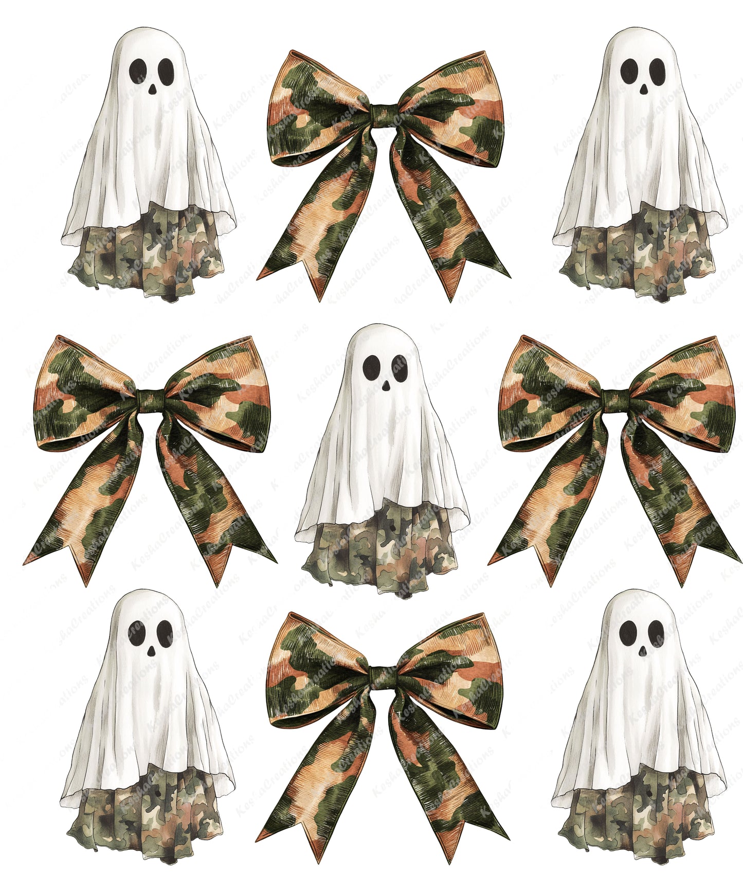 A repeating pattern featuring ghosts wearing camo-patterned skirts and camo bows, alternating between the ghost and bow designs, all set against a dark background. The ghosts have a simple, spooky appearance with wide eyes and a classic sheet-style look.