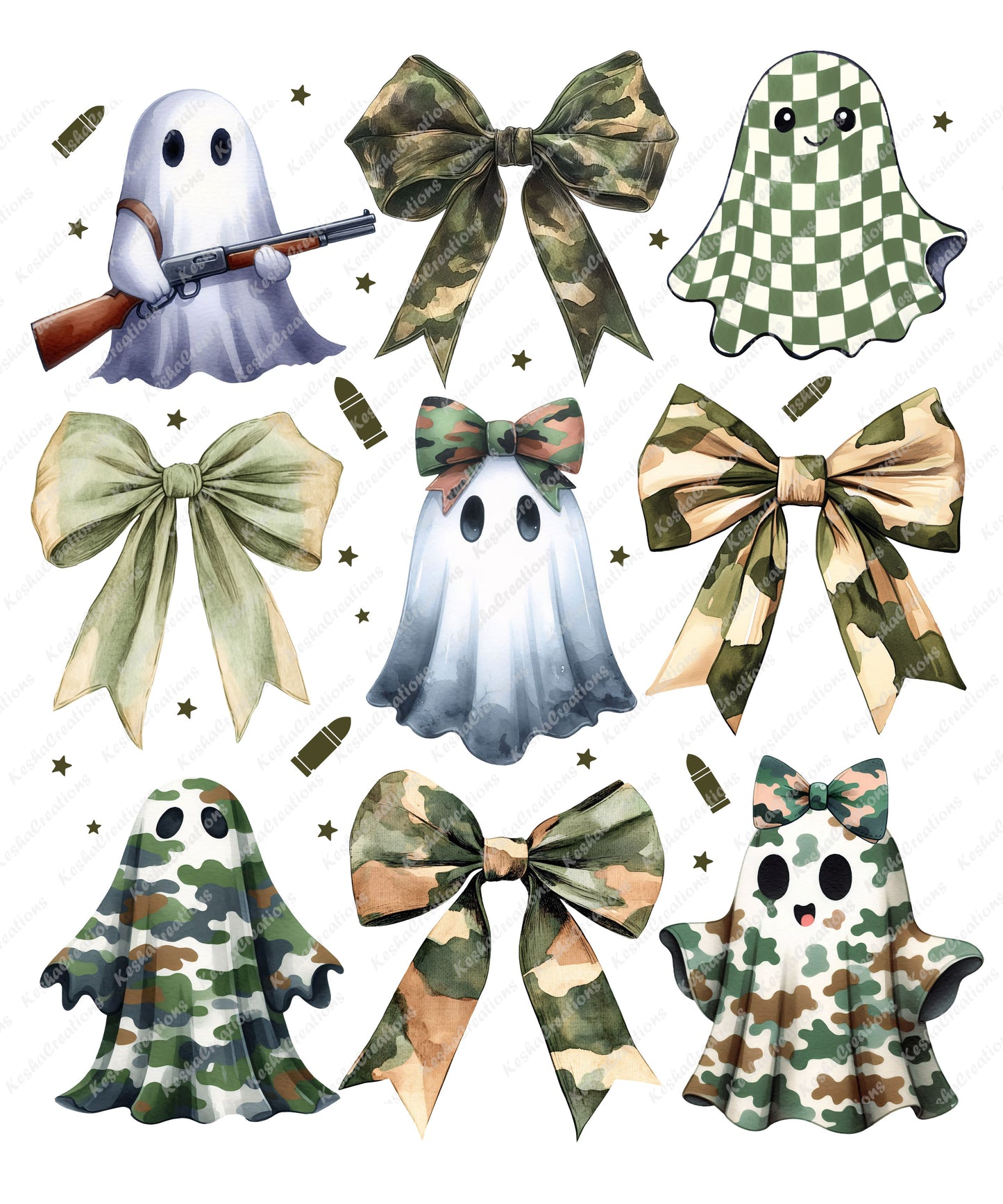 Various ghosts with camo details and camo-patterned bows, featuring playful expressions and different camo styles, set against a spooky background.