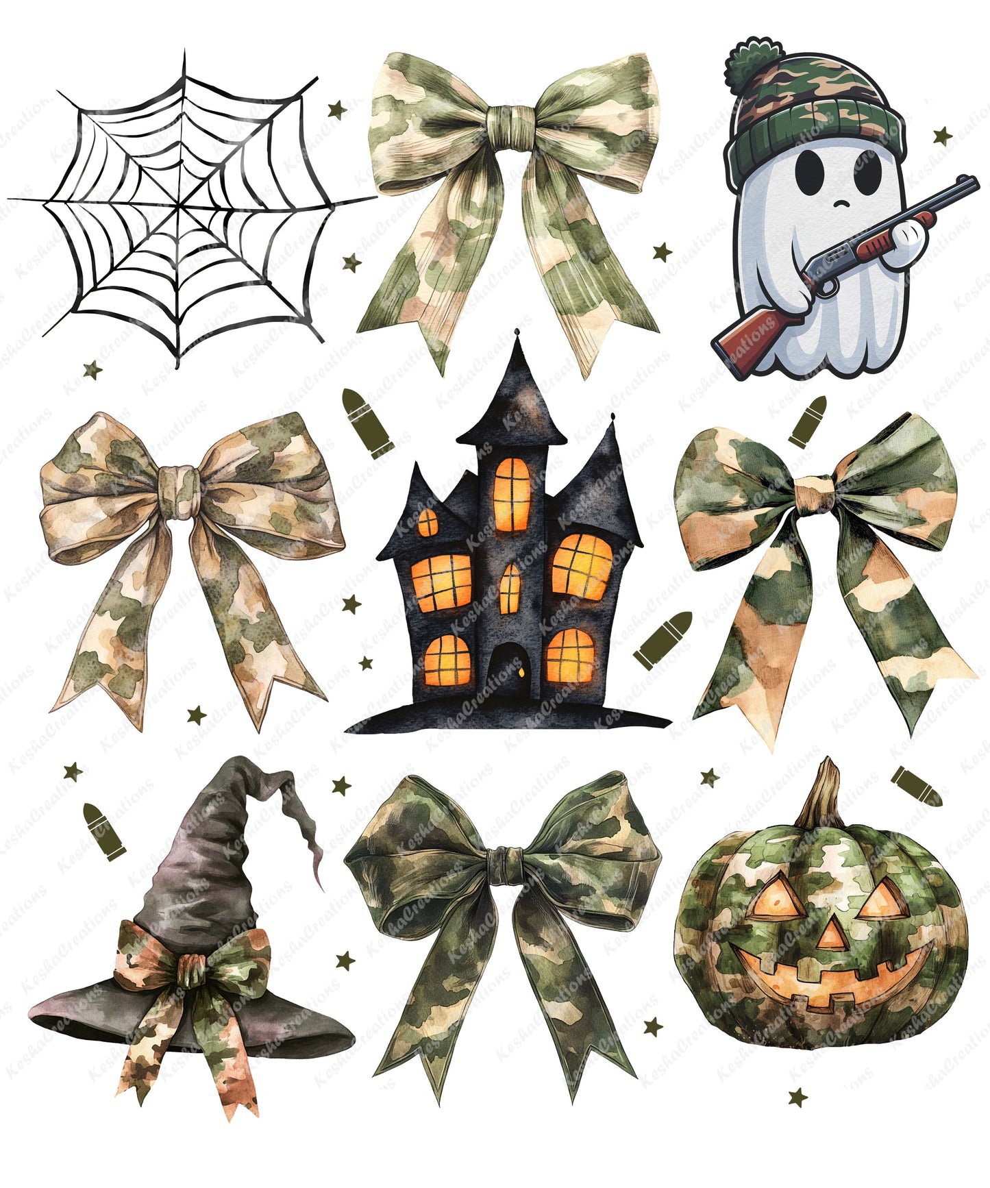 A collection of Halloween-themed camo designs, including a ghost with a rifle, camo bows, a haunted house, a spider web, a pumpkin, and a witch hat with a camo bow.