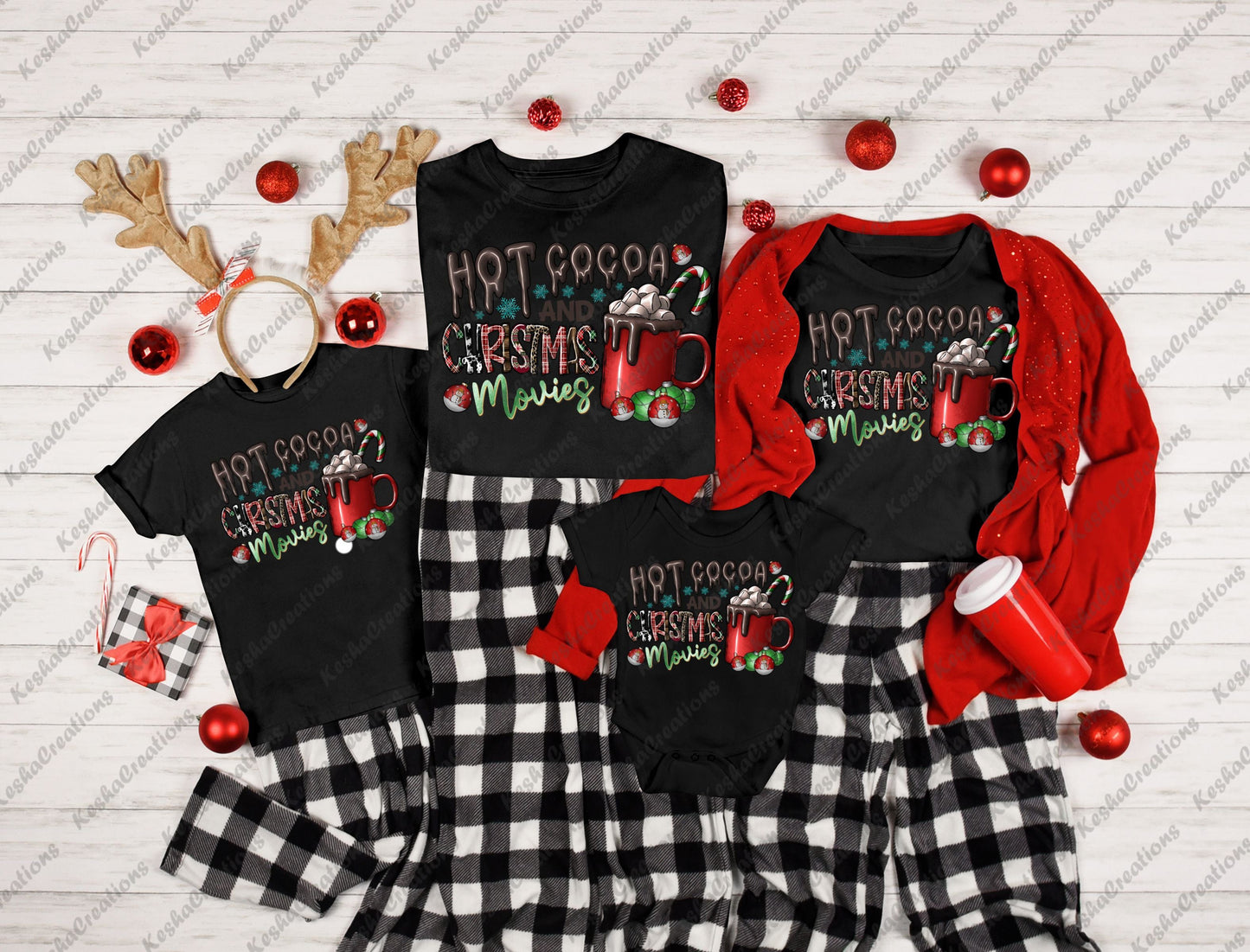 DTF transfer featuring the text 'Hot Cocoa and Christmas Movies' with marshmallows, a candy cane, and a hot cocoa mug, displayed on matching family shirts with festive holiday props.