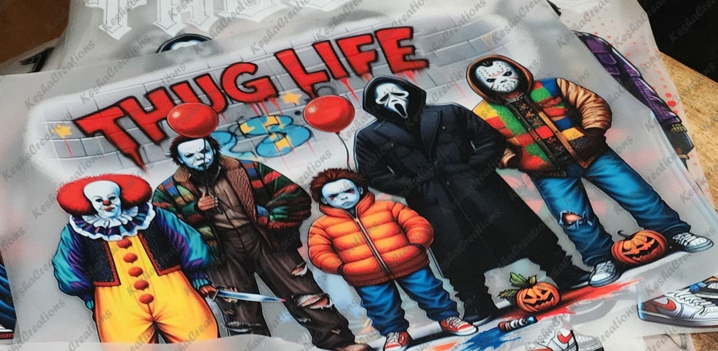 DTF transfer image portraying horror figures Freddy Krueger, Michael Myers, and Jason Voorhees in street-style clothing, positioned under bold 'Thug Life' lettering.