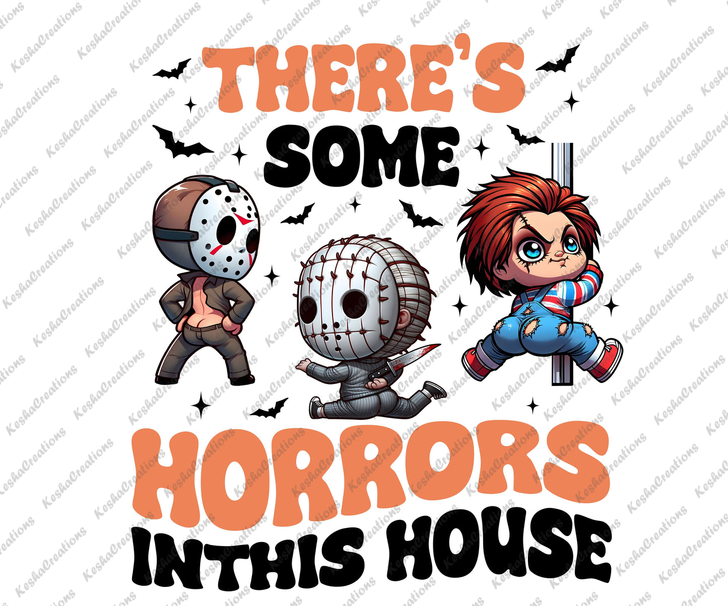 DTF transfer design with chibi horror characters Jason Voorhees, Pinhead, and Chucky posed humorously under 'There's Horrors' text in spooky font.