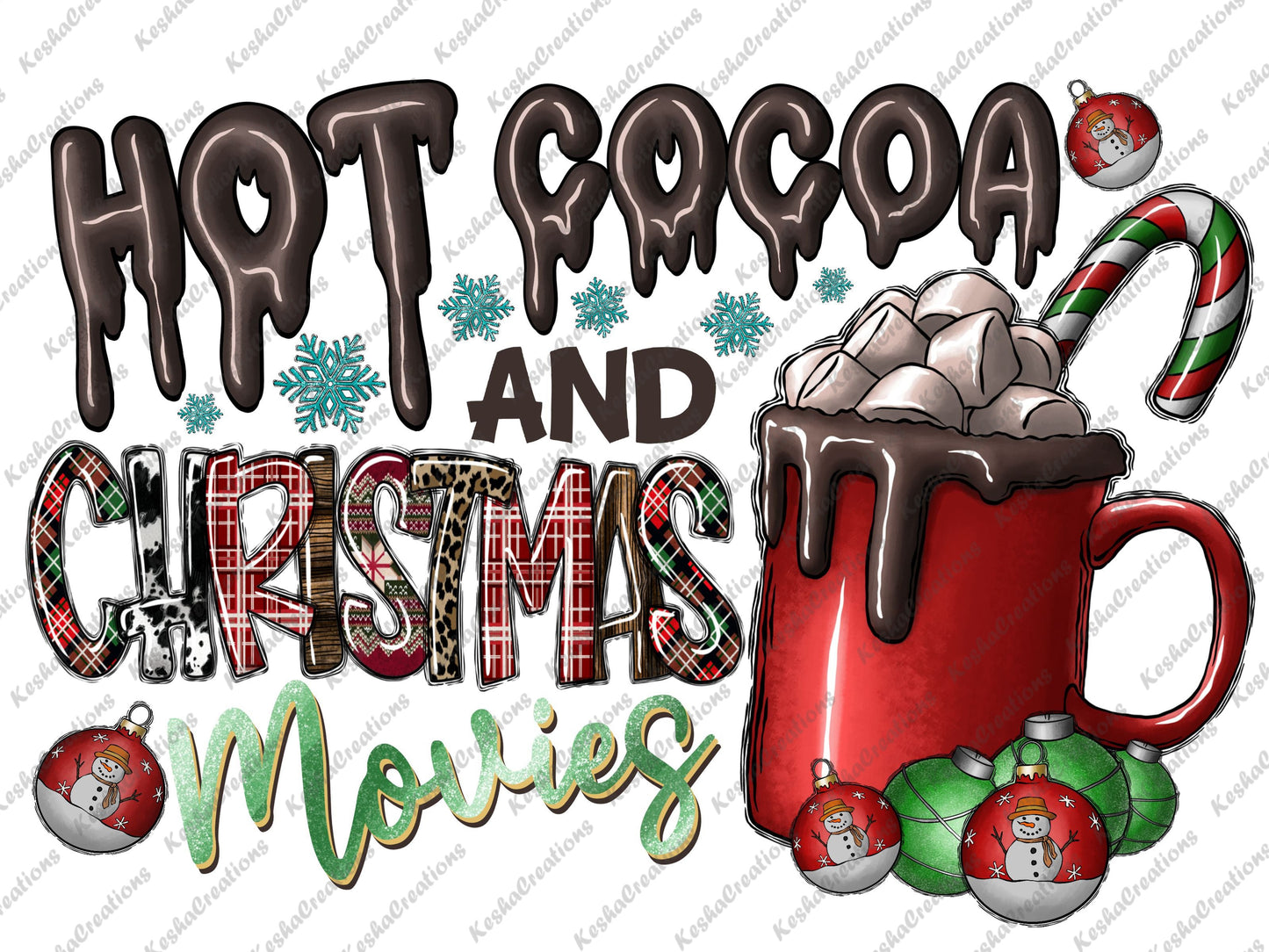A cozy red mug filled with hot cocoa and marshmallows, accompanied by the phrase "Hot Cocoa and Christmas Movies" in festive, patterned letters and holiday ornaments.