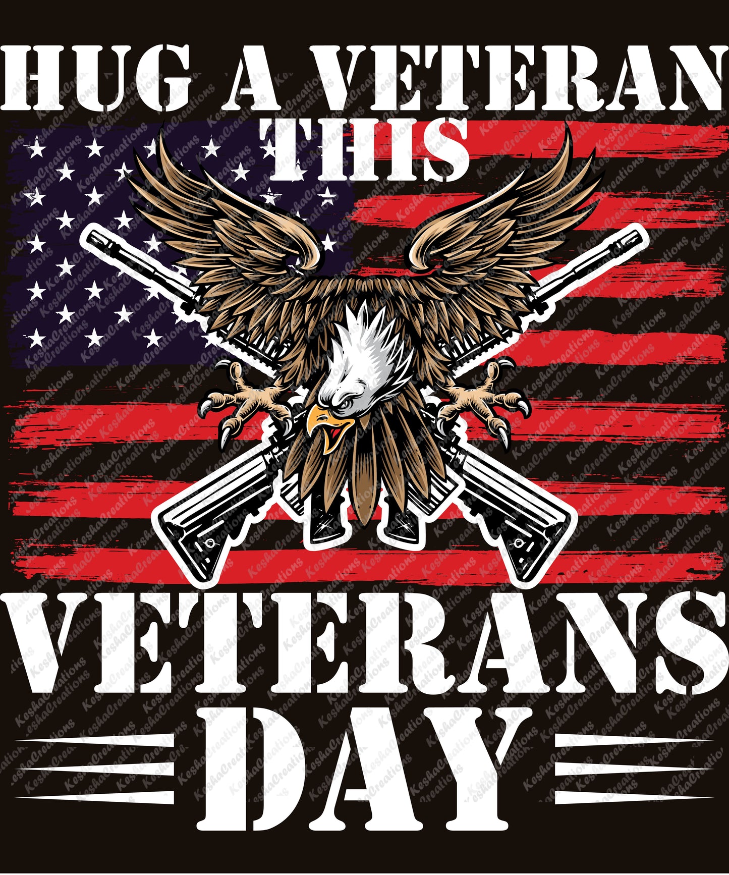 Illustration of an eagle with wings spread, over a background of the American flag, and text "Hug a Veteran This Veterans Day."