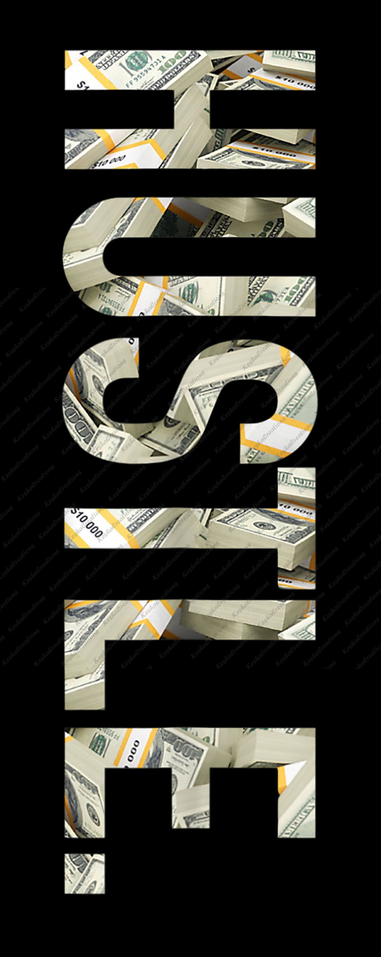 A design featuring the word “Hustle” filled with images of cash stacks, representing ambition and financial success.
