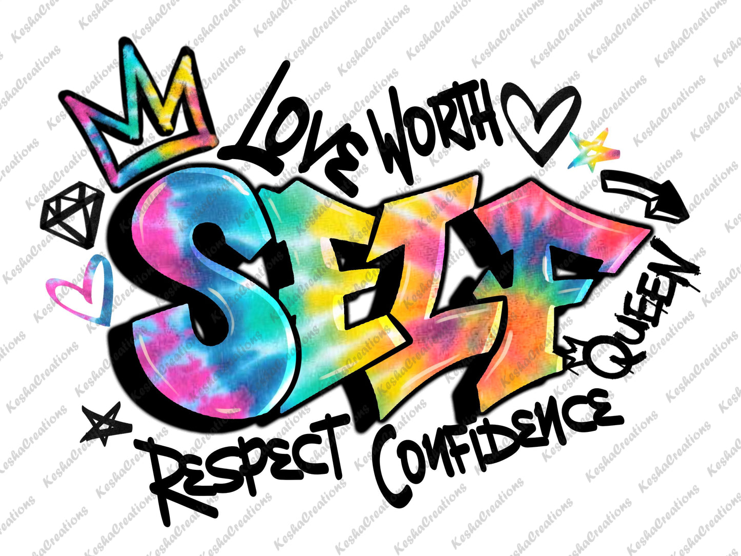 A vibrant DTF transfer featuring the word "Self" in bold graffiti-style letters with a tie-dye color pattern, crowned with a star and heart accents to represent self-love and empowerment.