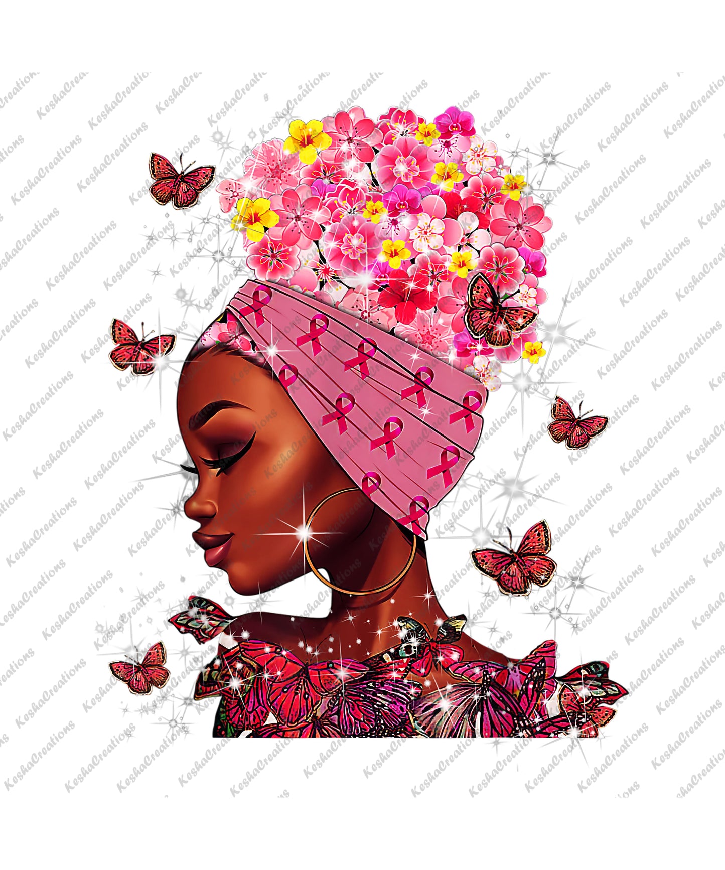 In October We Wear Pink design featuring a Black woman with a floral headwrap, pink ribbons, and colorful butterflies for Breast Cancer Awareness.