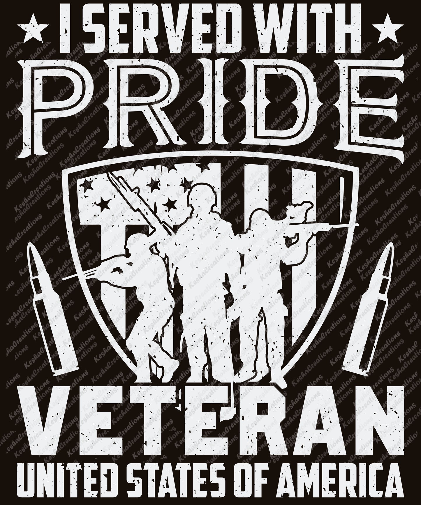 Design reading "I Served with Pride, Veteran United States of America" with silhouettes of soldiers and an American flag.