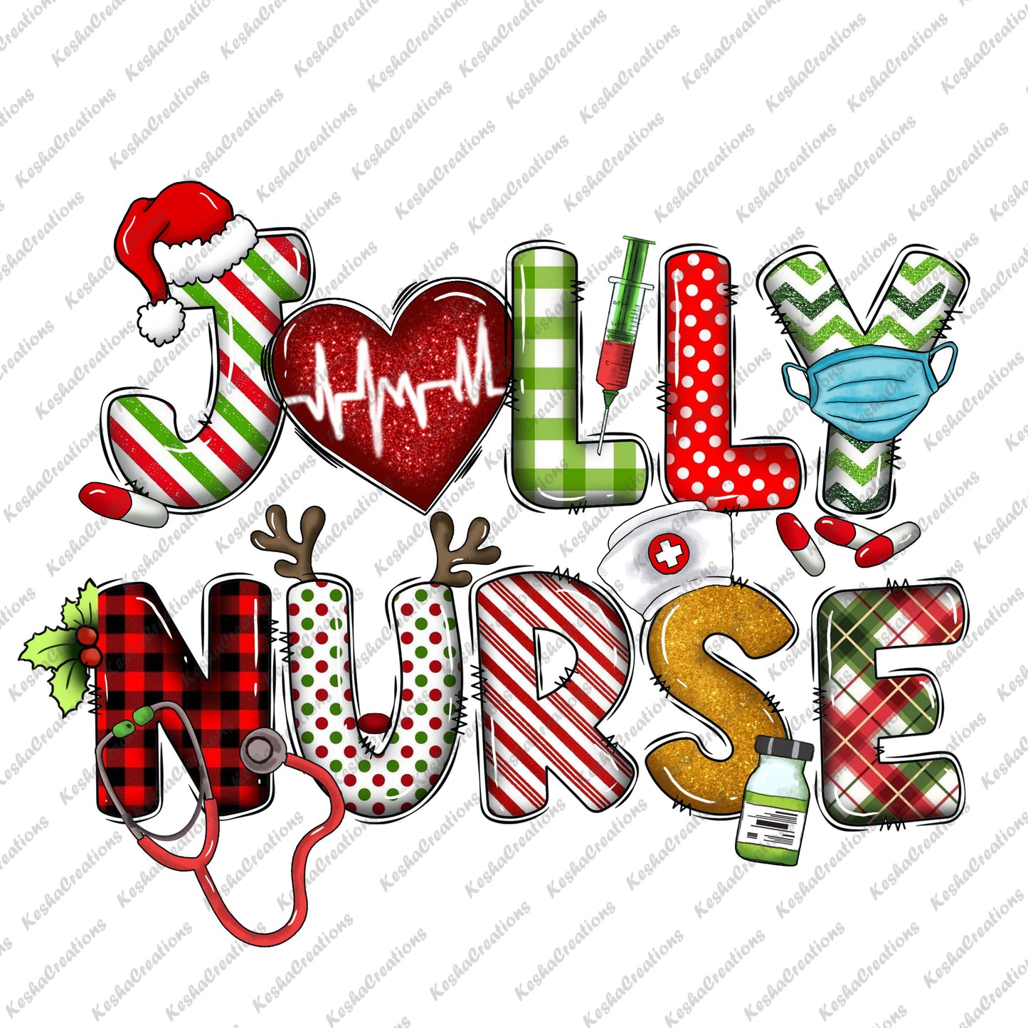 The phrase "Jolly Nurse" spelled out in bold letters with holiday patterns, including candy cane stripes and polka dots, featuring a Santa hat, heart rate monitor, and nurse accessories.