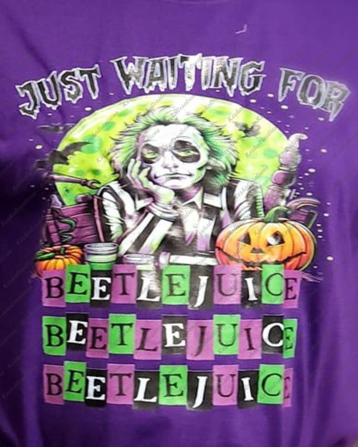 Close-up of a DTF transfer design on a purple background, showcasing Beetlejuice in his iconic black and white striped suit, accompanied by Halloween elements like pumpkins, bats, and neon green accents, with the phrase 'Just Waiting for Beetlejuice' at the top.
