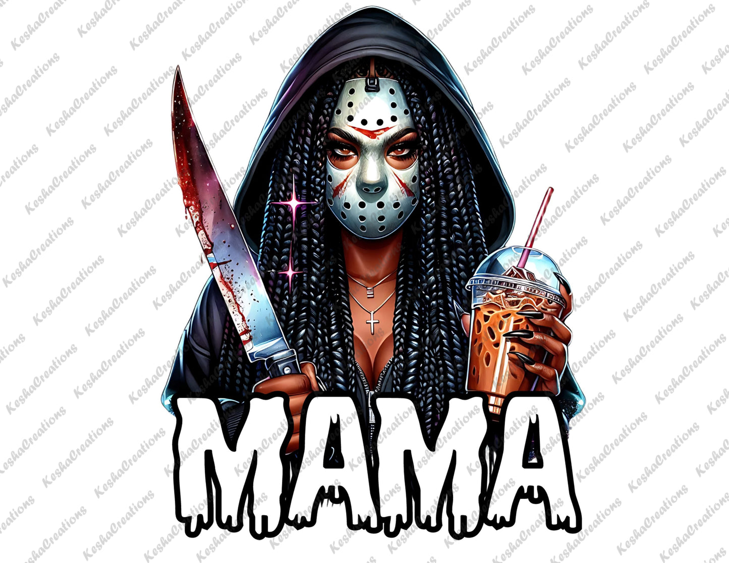 African American female character with braided hair, wearing a Jason Voorhees mask, holding a bloody knife and iced coffee, with 'MAMA' text in dripping white letters.