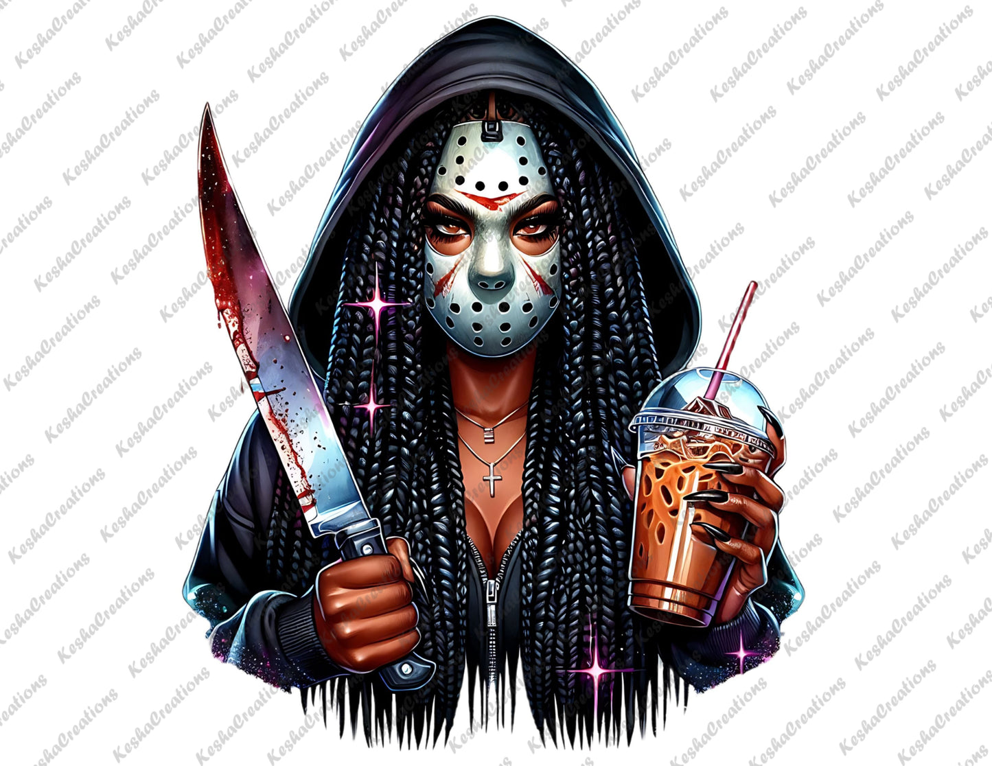 African American female character with braided hair, wearing a Jason Voorhees mask, holding a bloody knife and iced coffee.