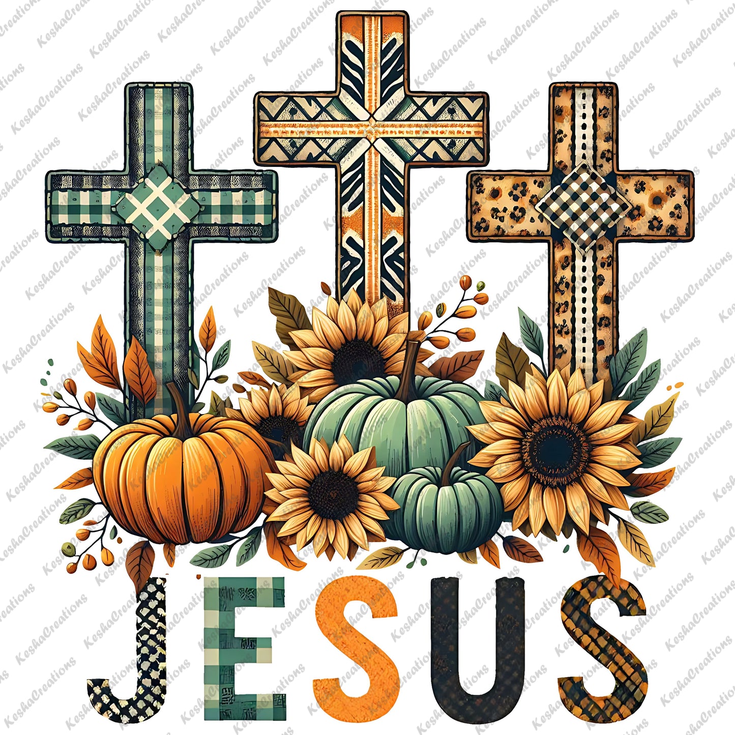 Three decorative crosses with fall-themed patterns, accompanied by pumpkins, sunflowers, and leaves. The word "Jesus" is displayed at the bottom in a mix of autumn colors and plaid patterns.