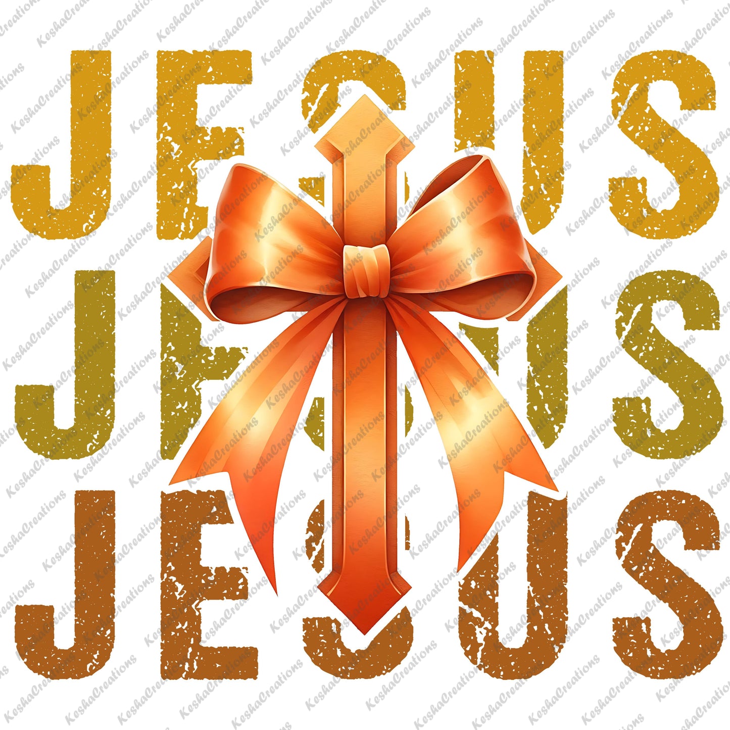The word "Jesus" is repeated in the background, with a cross at the center adorned with an orange bow. The design features a textured, rustic look.