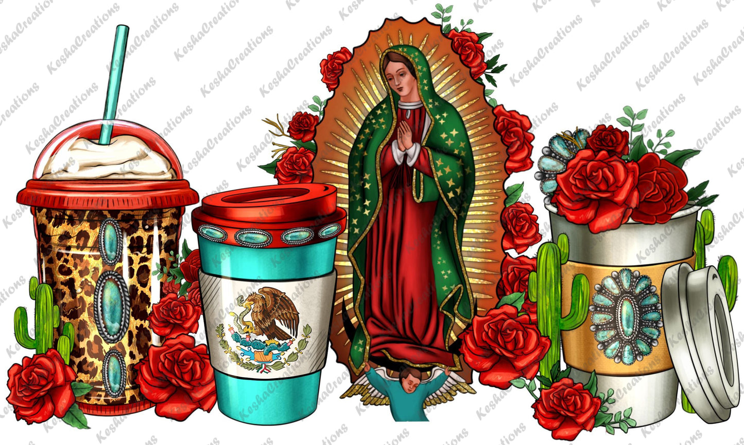 A vibrant design featuring coffee cups adorned with Lady of Guadalupe imagery, surrounded by red roses and cactus elements, showcasing cultural and spiritual themes.