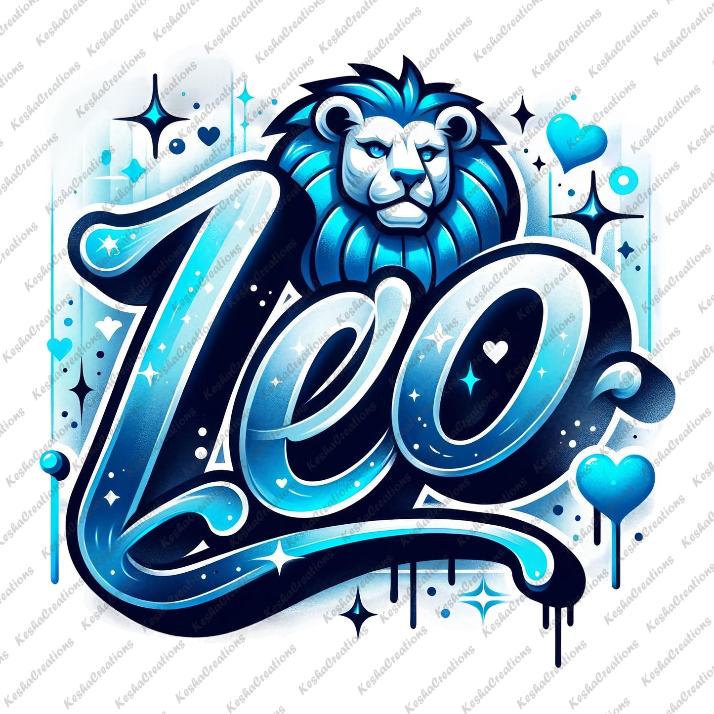 A powerful blue Leo zodiac design featuring a lion icon with stylized text, hearts, and star embellishments.