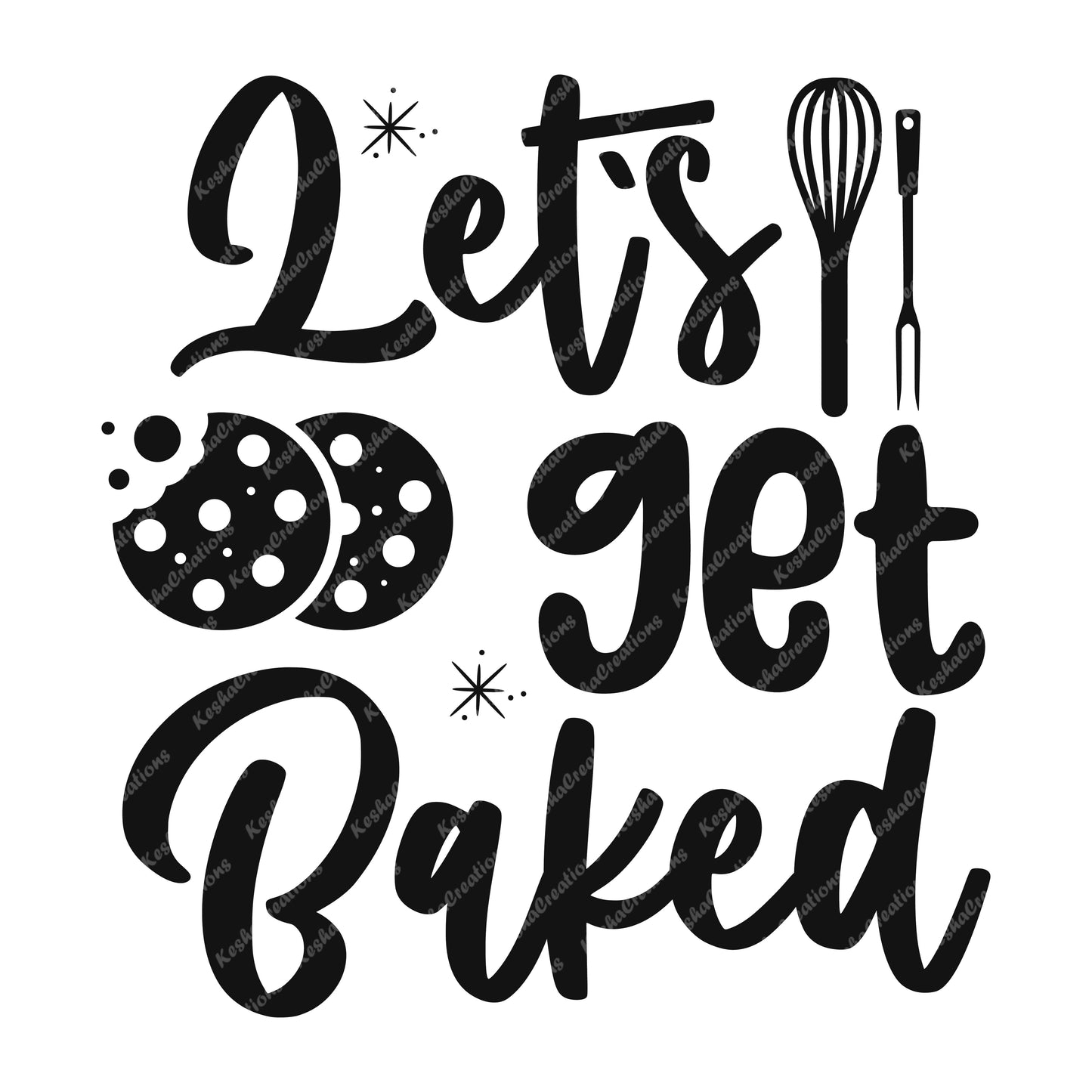 Let’s Get Baked design with cookie illustrations, whisk, and fork.