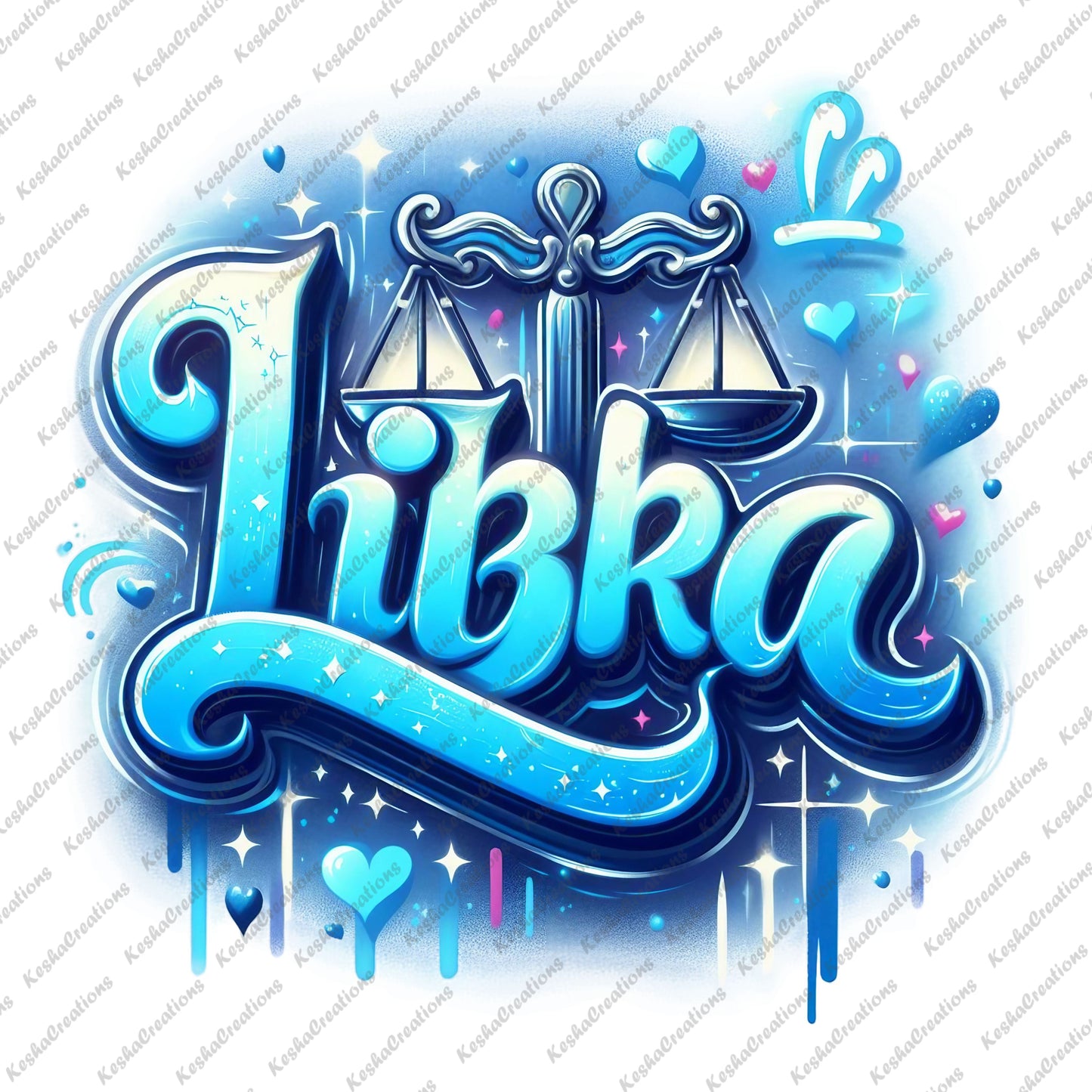 A balanced blue Libra zodiac design with a scale symbol, fluid typography, and sparkles and hearts for harmony.