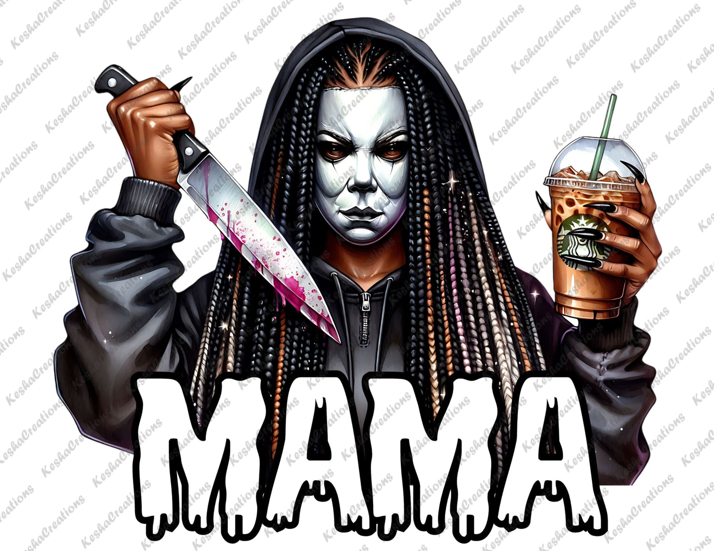 African American female character with braided hair, wearing a Michael Myers mask, holding a bloody knife and iced coffee, with 'MAMA' text in dripping white letters.