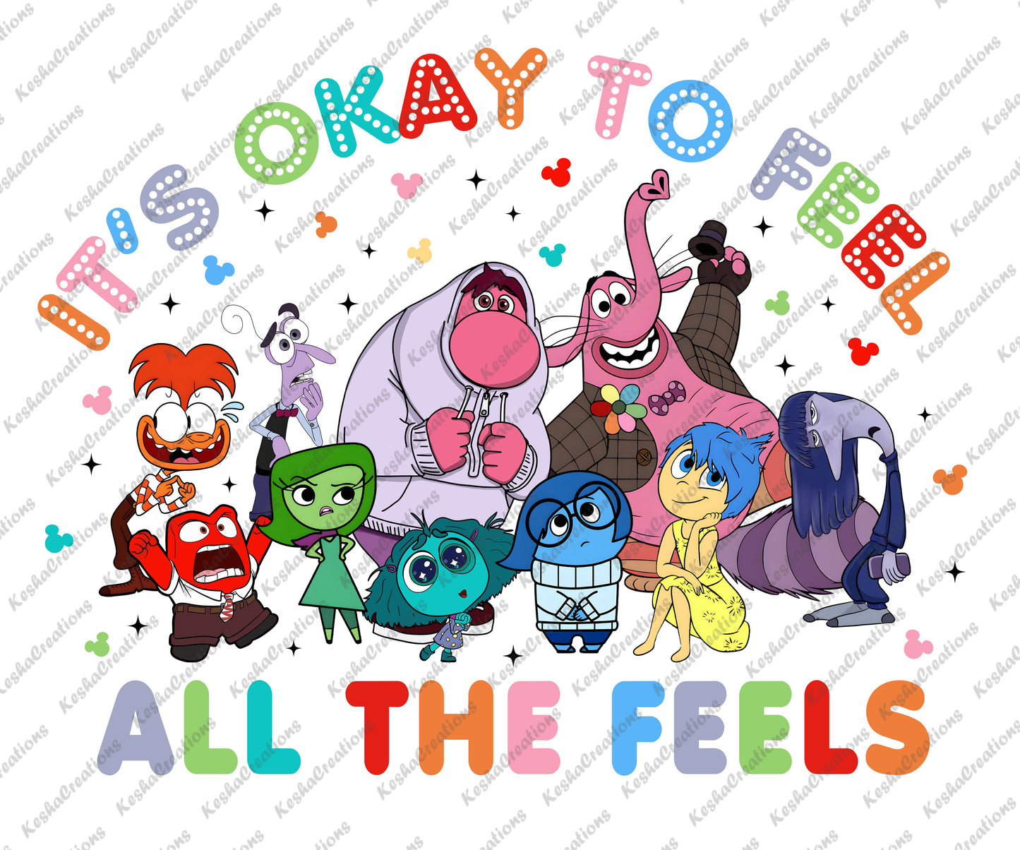 Another version of the "It's Okay to Feel All the Feels" design, featuring Inside Out characters and a cheerful, multicolored text layout.
