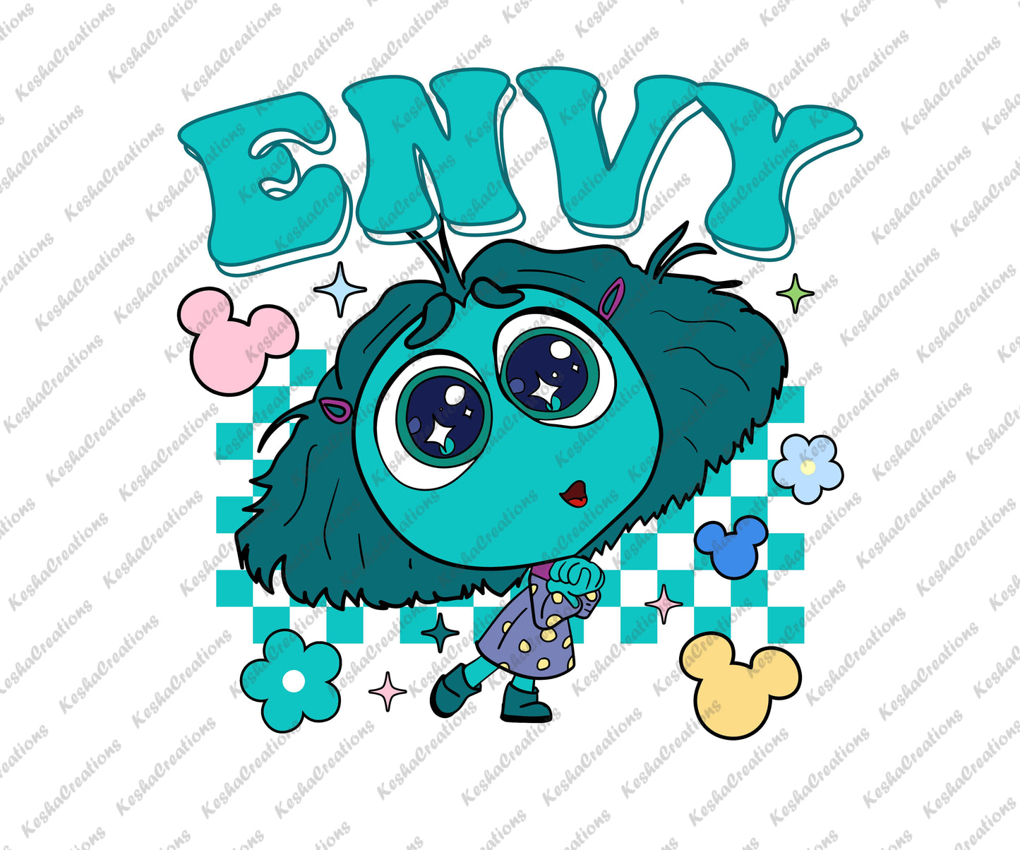 A DTF transfer featuring the character Envy in teal with a checkerboard background, expressing a longing look in a playful, colorful design.
