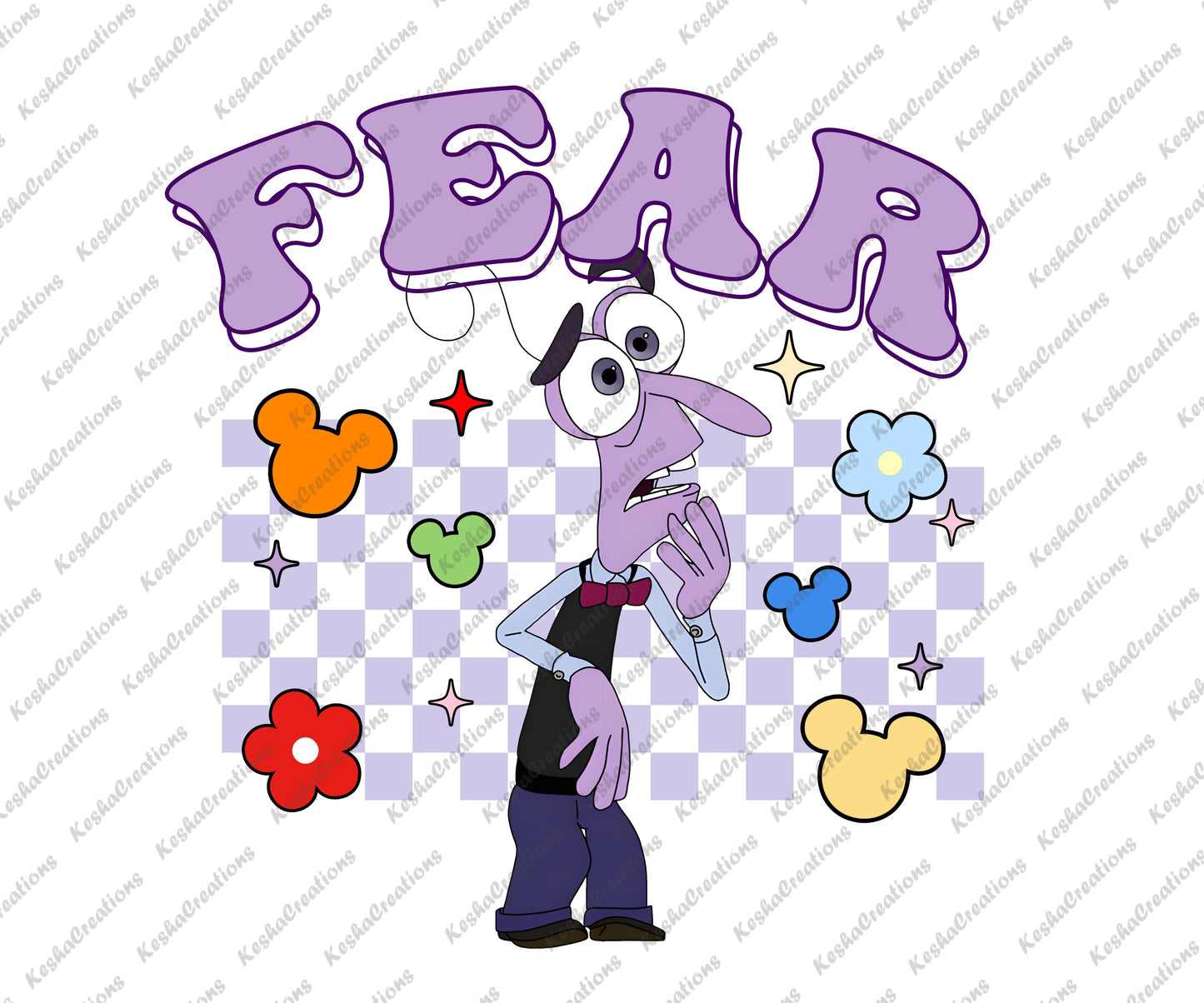 A DTF transfer with the character Fear on a purple checkerboard background, emphasizing the relatable emotion of fear.