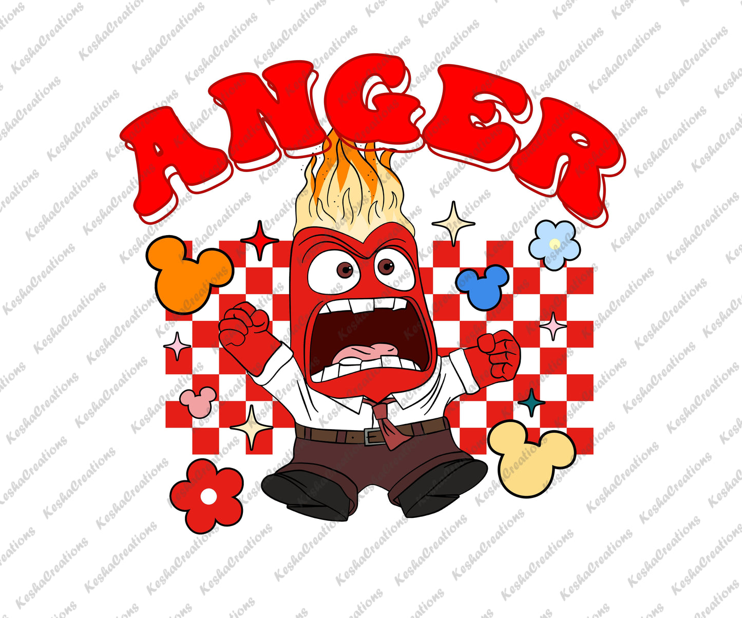 A vibrant DTF transfer featuring the character Anger with flames on his head, set against a red checkerboard background to emphasize intense emotion.