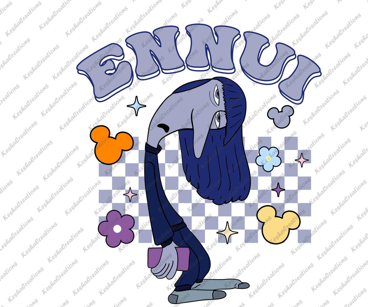 A DTF transfer with the character Ennui, showing a slouched, bored posture against a dark checkerboard background, highlighting feelings of apathy.