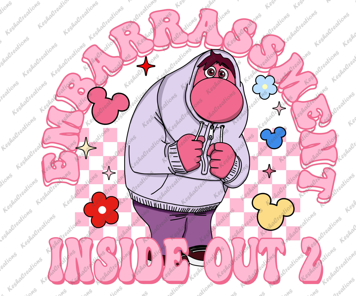 A DTF transfer featuring the character Embarrassment in a hoodie, with a pink checkerboard background, promoting self-acceptance and emotional awareness.
