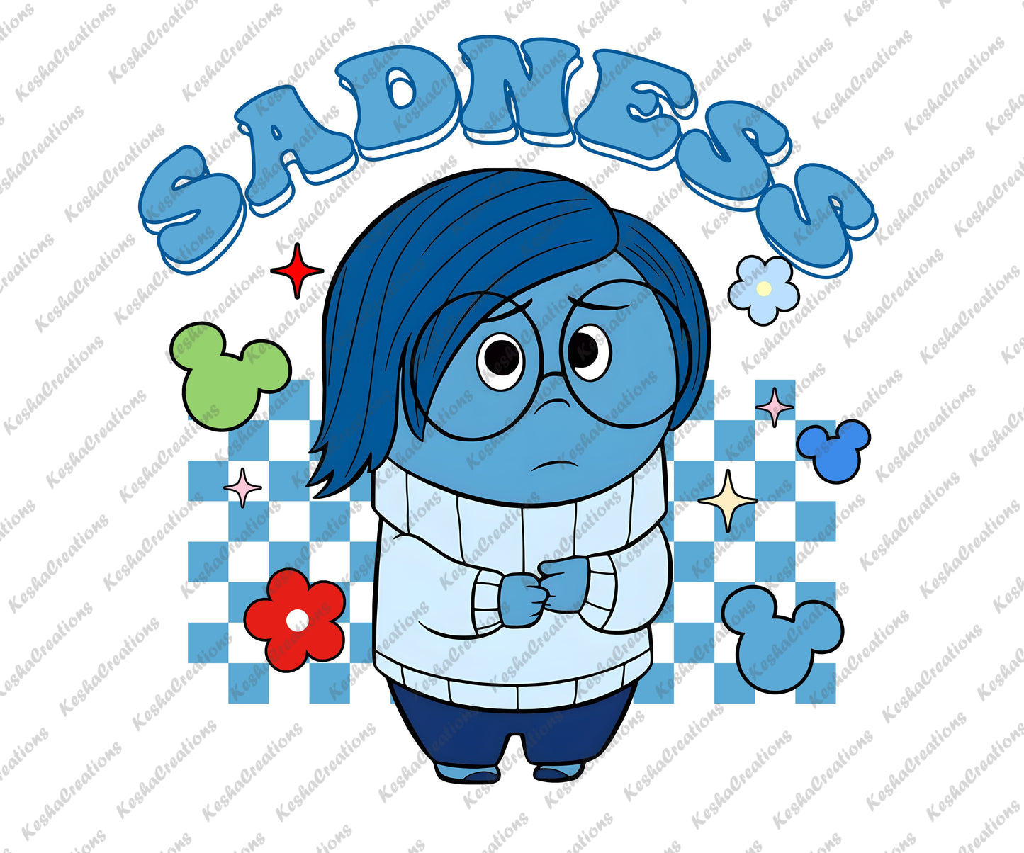 A design featuring the character Sadness in blue, with a blue checkerboard background, capturing the melancholic expression of this beloved character.