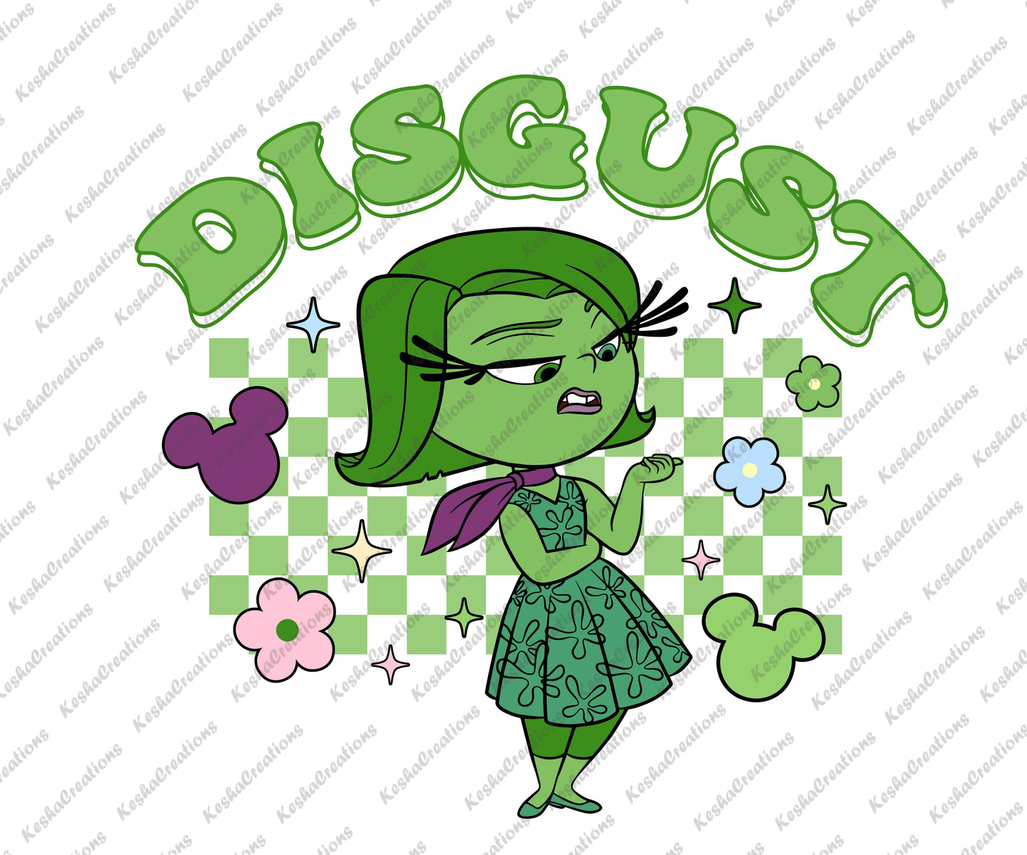 A design featuring the character Disgust on a green checkerboard background, capturing her signature attitude in a fun way.