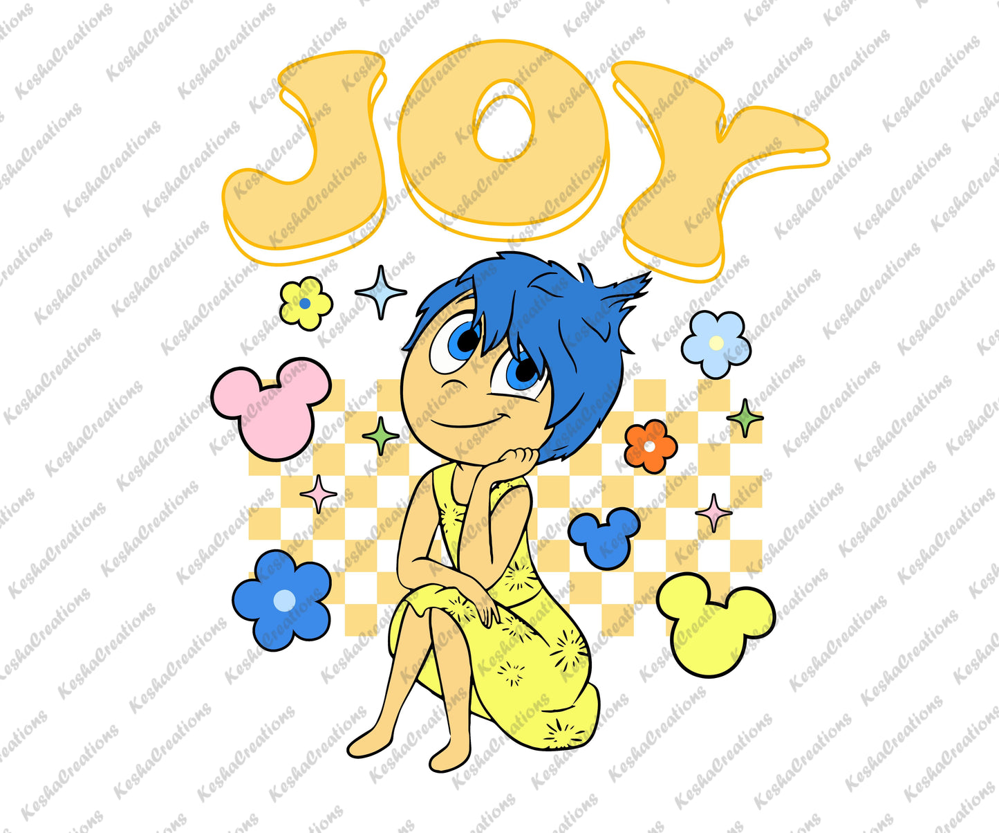A cheerful DTF transfer with the character Joy on a yellow checkerboard background, celebrating happiness and positivity.